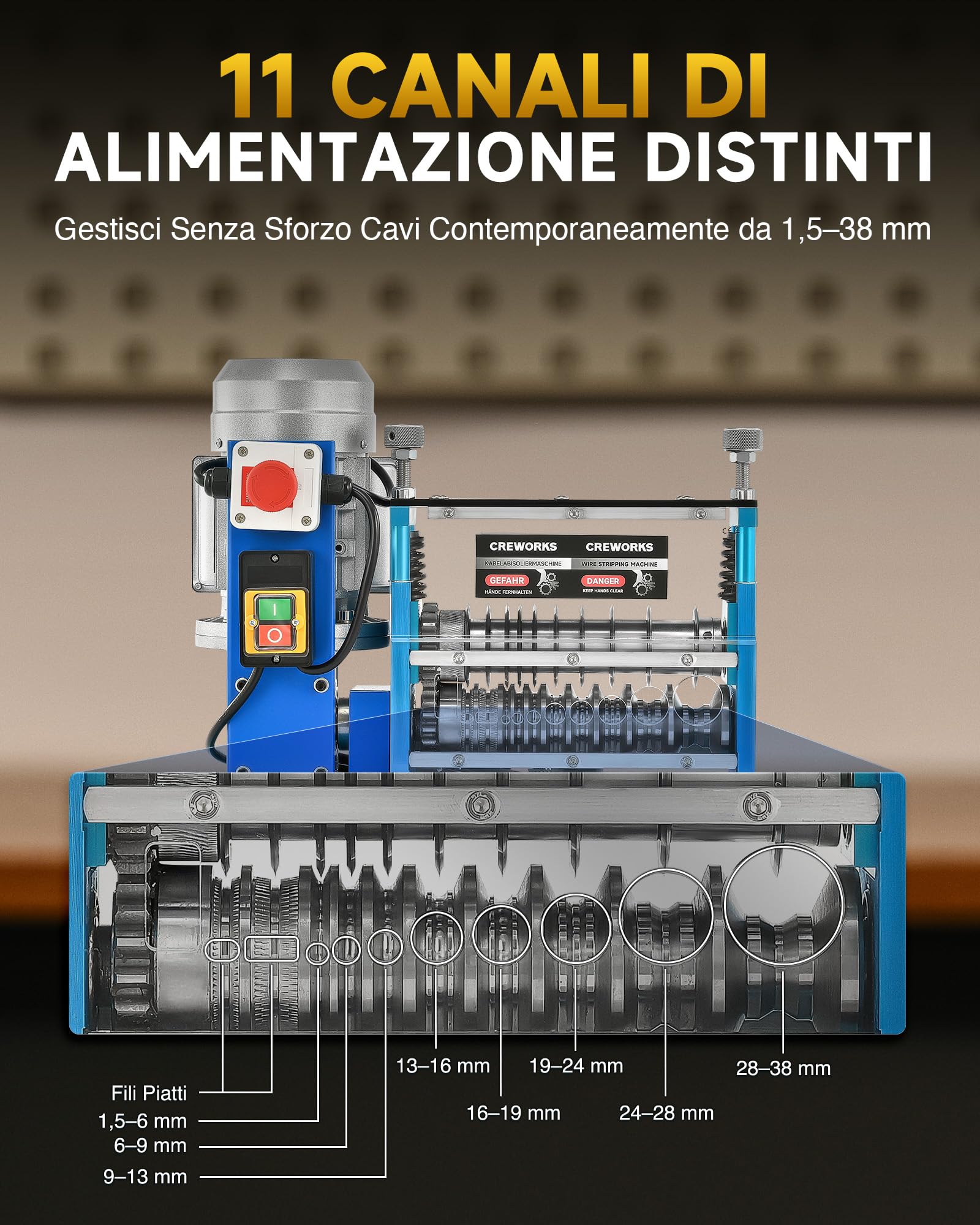 CREWORKS 370W Macchina Spellacavi Elettrica Professionale 30 m/min Spelafili Cavo Sguainacavi per Recupero Rame Φ1,5 mm-Φ38 mm Spelafili da Banco Cavo Portatile a 11 Multi-Fori