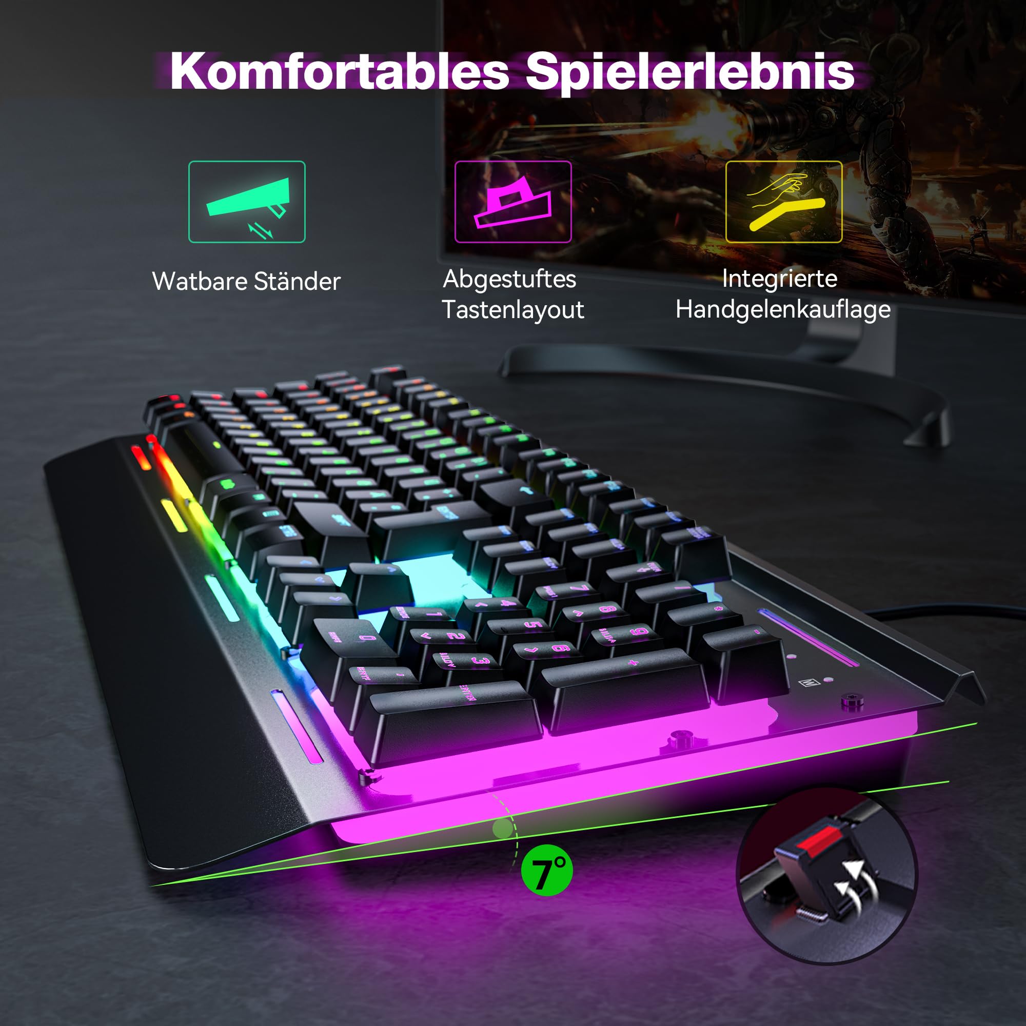 TECKNET RGB Gaming Tastatur mit Vollmetall-Gehäuse, Membrantastatur [Deutsches Layout] 105 Tasten, ergonomische Handgelenkauflage, 25 Tasten Anti-Ghosting, 15 RGB-Modi für PC, Laptop & Office