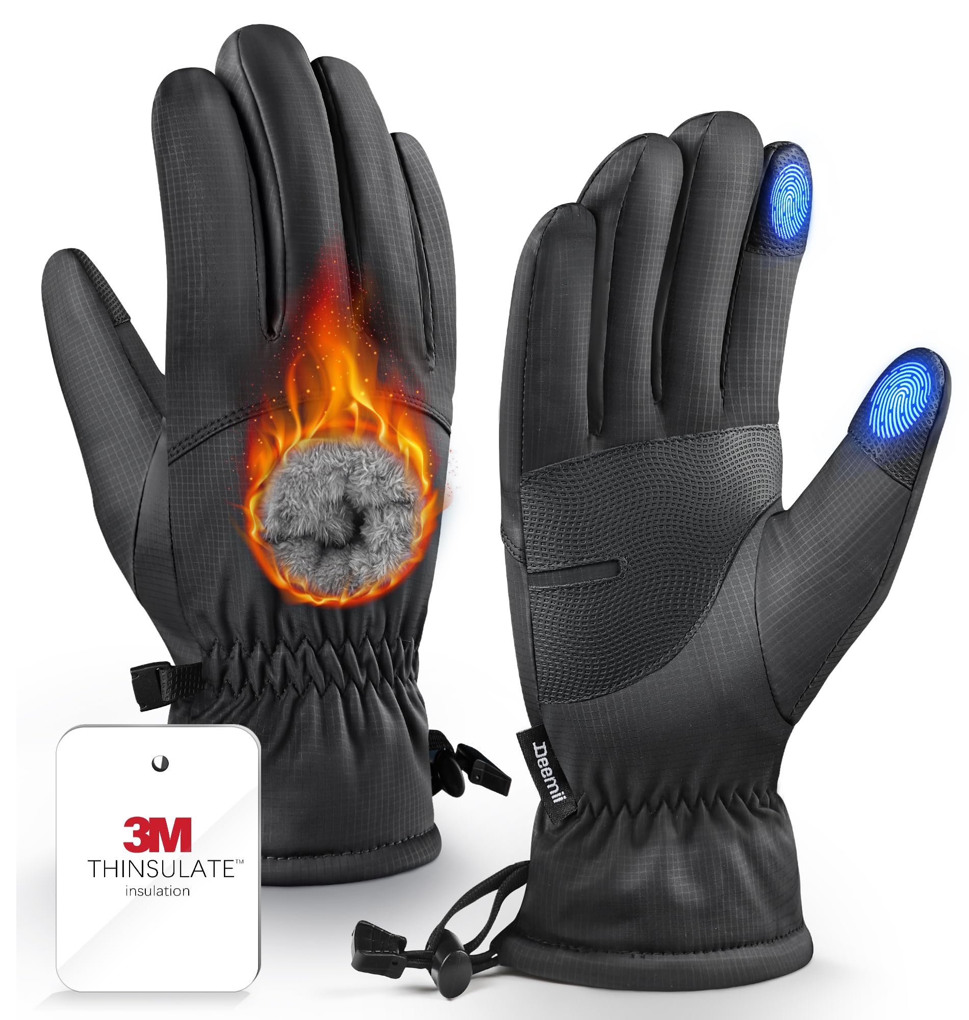 Deemii -10? Winter Gloves Men Women Made with 6M Insulation & Plush Lining, Windproof & Water-Resisitant Glove for Cold Weather with Touchscreen Fingers, for Running