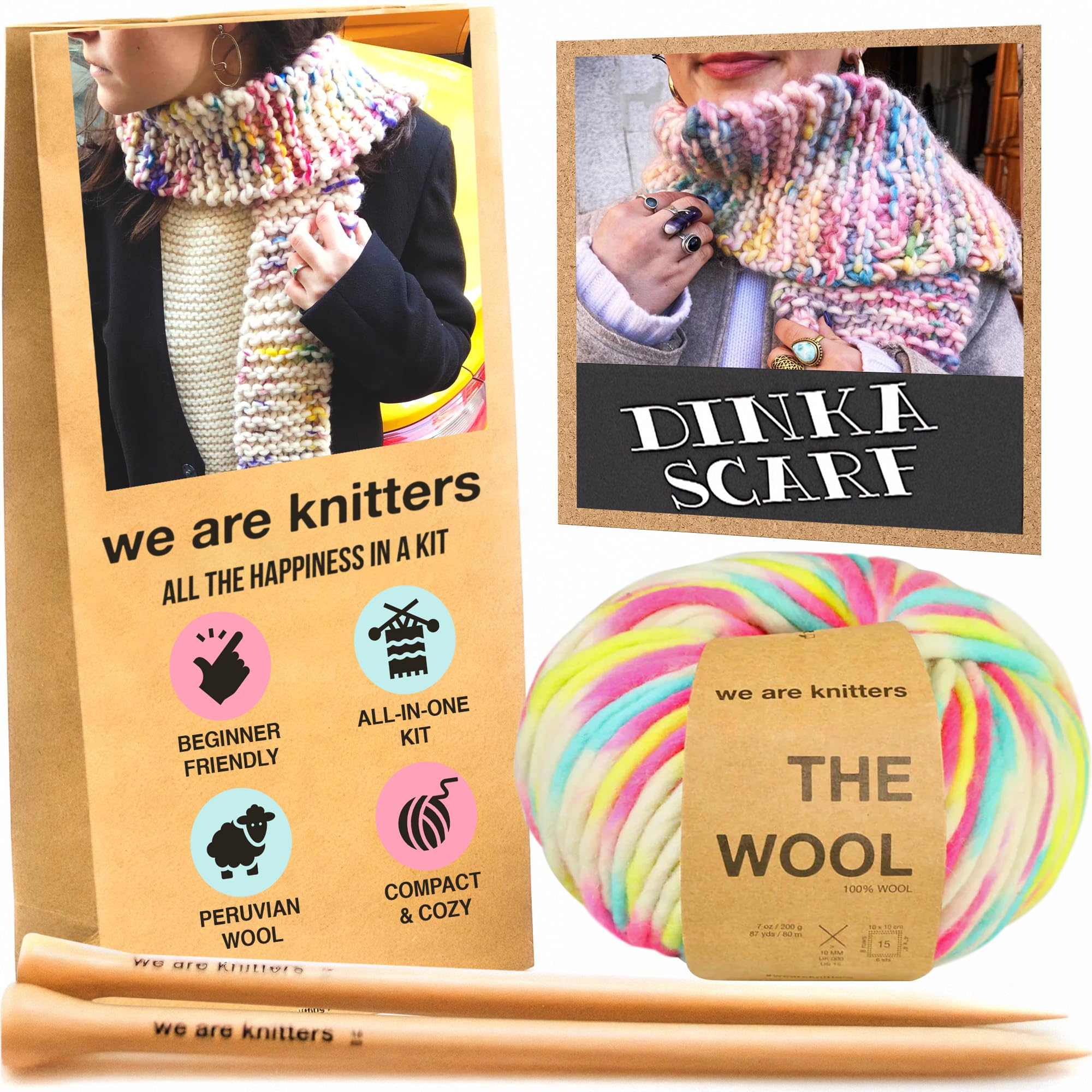 We Are Knitters Dinka Scarf Kit, Strickset für Anfänger mit Wolle und Anleitung, Stricken für Anfänger Set, Komplettes DIY Schal Set mit Nadeln & Label aus 100% natürlicher Wolle