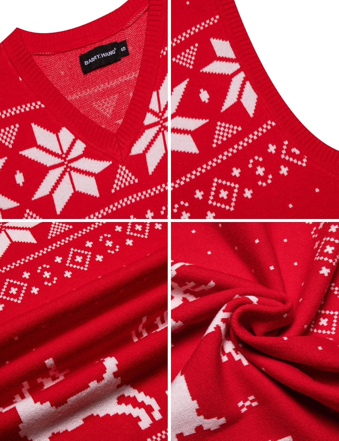 Barry.Wang Mens Christmas Sweater Vest Red/Green Ugly Xmas Reindeer Snowflake Sleeveless Knitted Pullover Holiday Party - Image 6