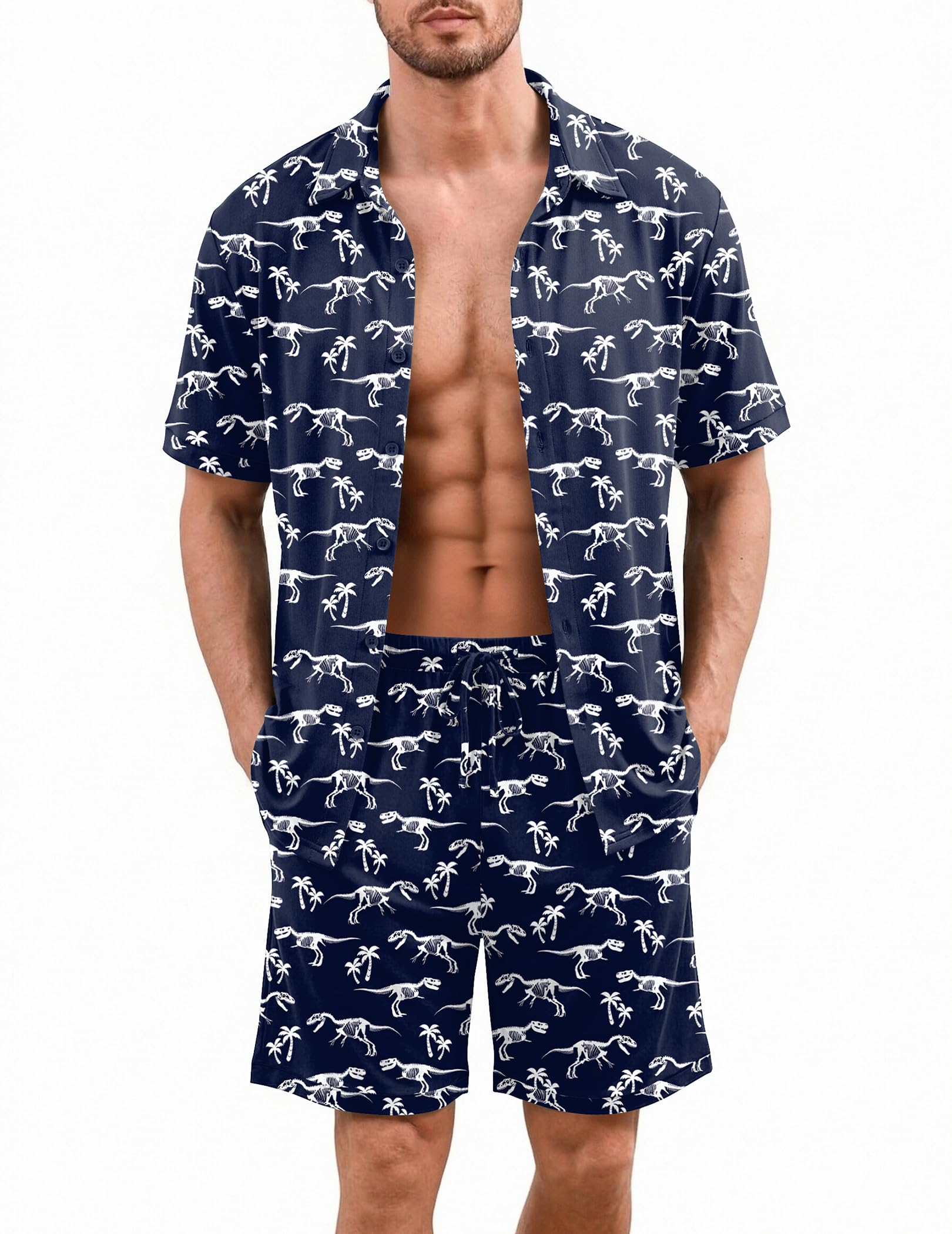 Ekouaer Men's Pajama Sets Button Down Summer Pjs Dinosaur Navy Blue L