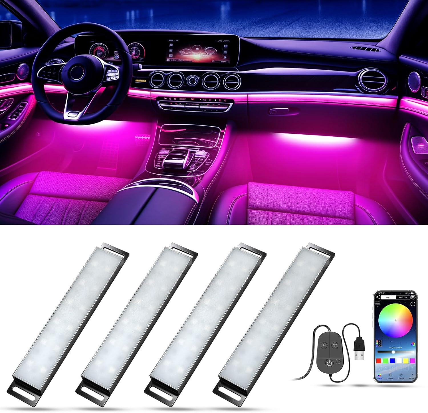 Honalia Car LED Lights Interior, RGB Interior Car Lights with App Control and Music Sync, USB Under Dash LED Lights for Jeeps Trucks SUVs, DC 5V