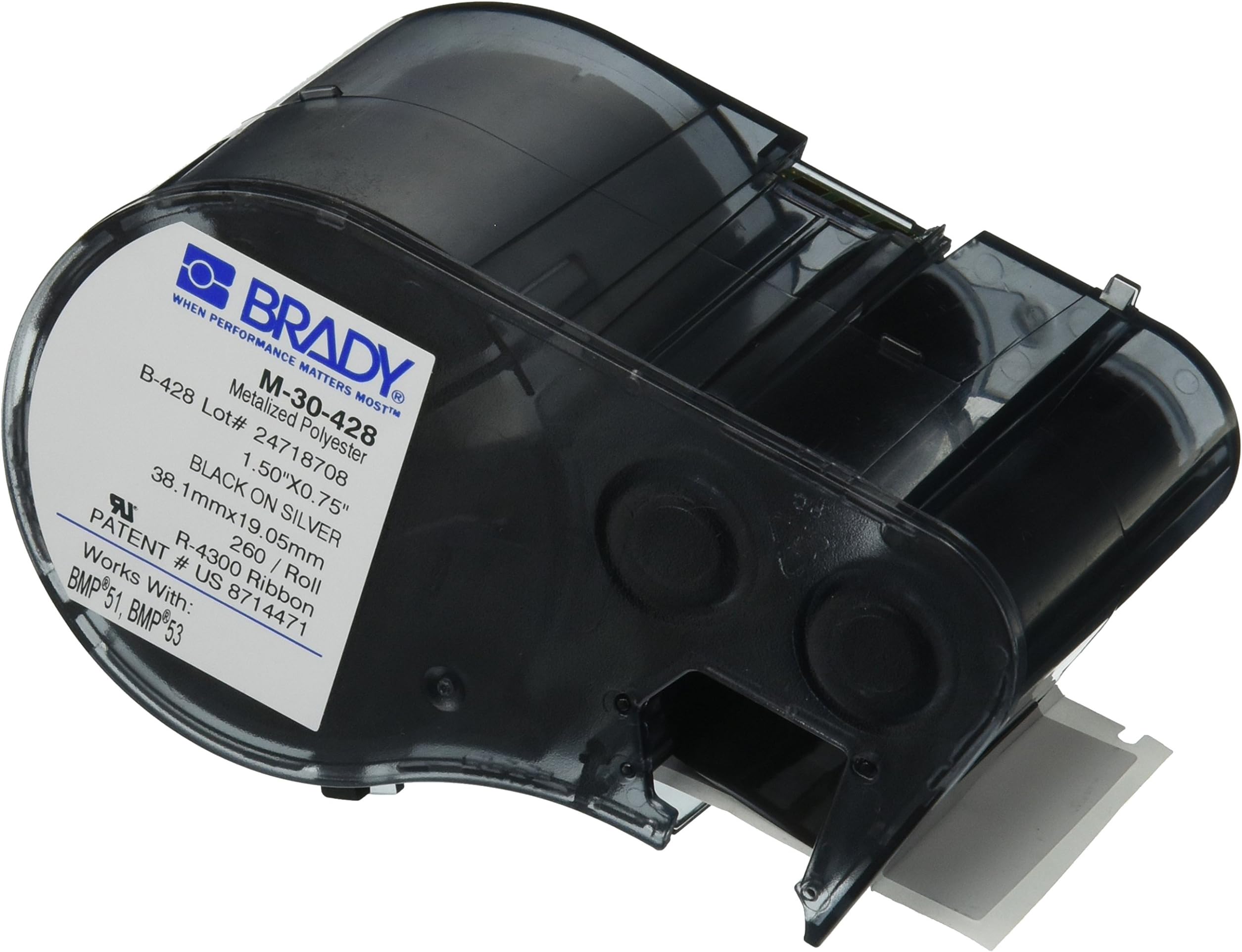 Brady M-30-428 Polyester B-428 Black on Silver Label Maker Cartridge, 3/4" Width x 1-1/2" Height, For BMP51/BMP53 Printers
