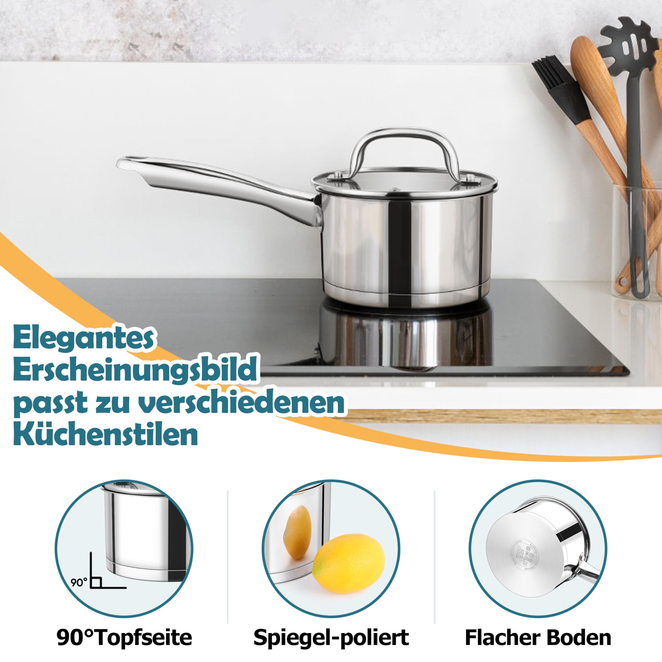 HaWare Rondel 16 cm, stal szlachetna, mały garnek na mleko indukcyjny ze szklaną pokrywką, garnek 1,9 l z 3-warstwowym dnem do wszystkich rodzajów kuchenek, zdrowy i niepowlekany, nadaje się do mycia