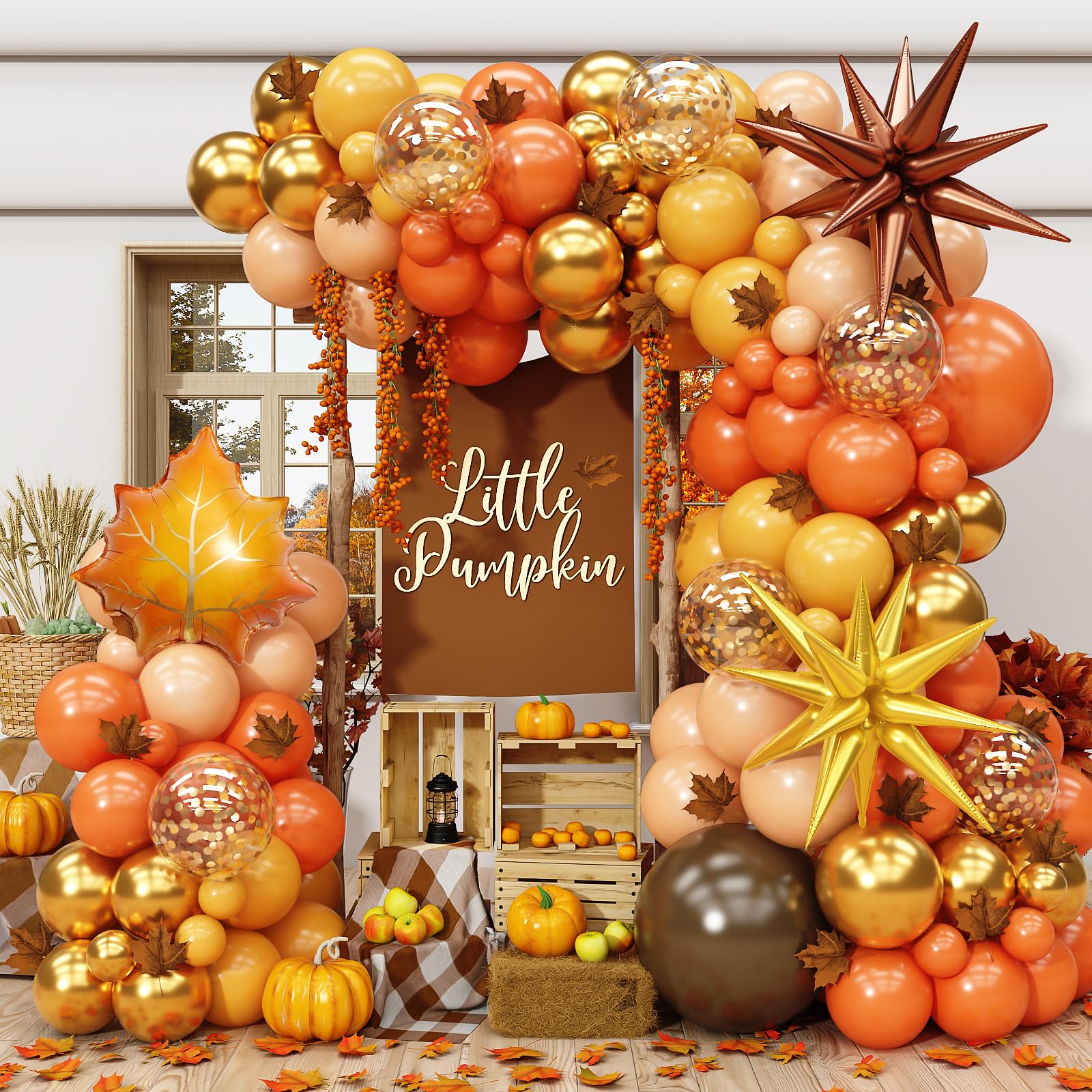 Fall Balloon Arch Kit Terracotta Burnt Orange Brown Tan Mustard Yellow Beige Gold Thanksgiving Balloon Coffee Gold Star Leaf Foil Balloons for Pumpkin Fall Birthday Baby Shower Autumn Party Decor