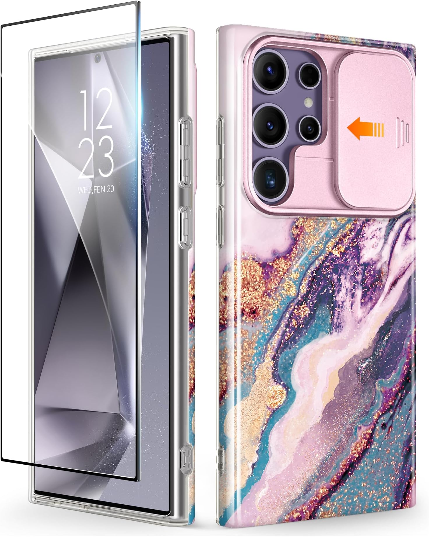 GVIEWIN for Samsung Galaxy S24 Ultra Case with Slide Camera Cover+Screen Protector, [Military Grade Shockproof] Marble Slim Protective Women Phone Case for S24 Ultra 5G 6.8" (Dreamland River/Purple)