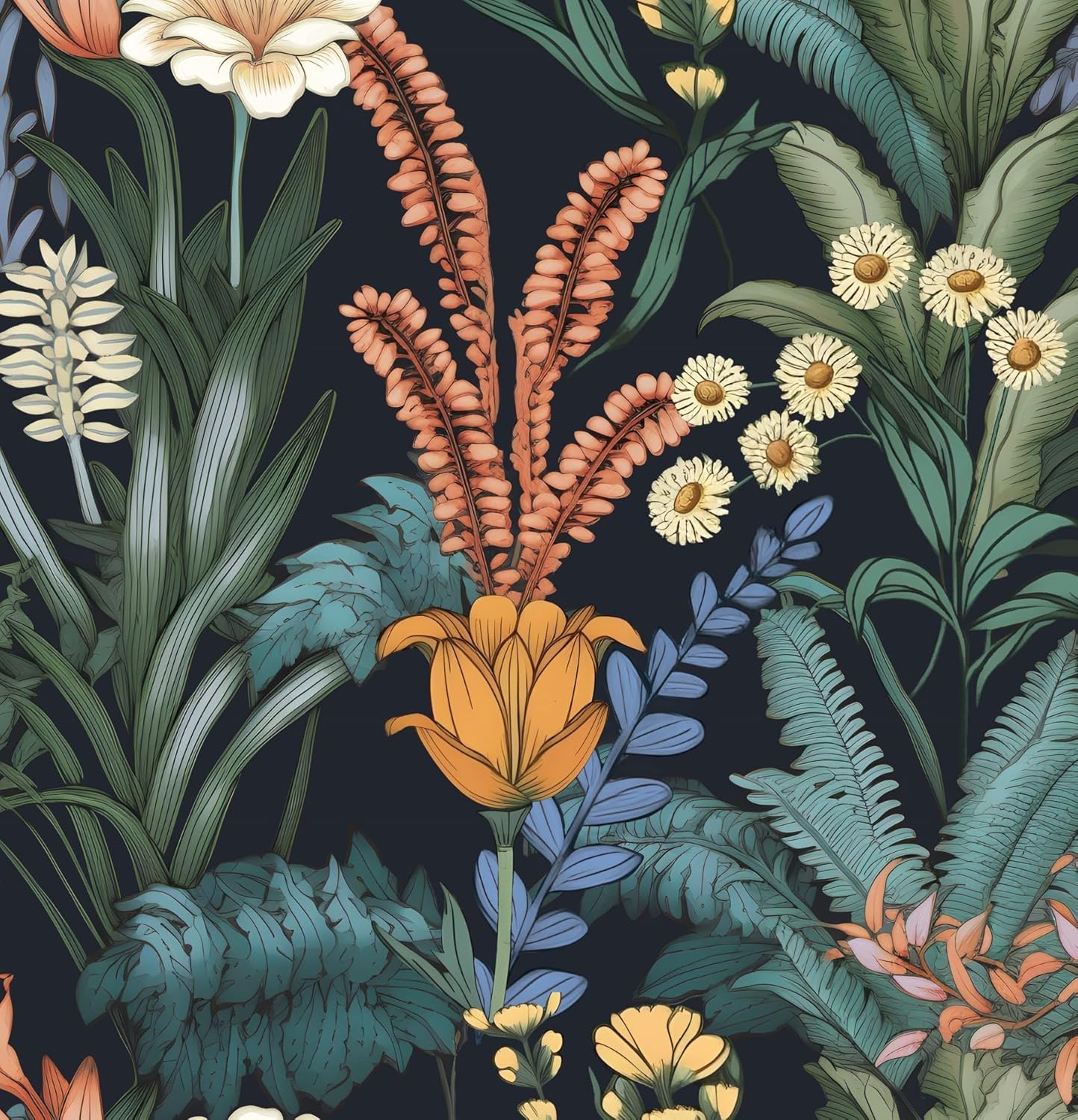 Floral Wallpaper Peel and Stick, Orange/Green Boho Contact Paper 17.5" x 393.7", Vintage Botanical Flower Dark Wall Paper Self Adhesive Removable Waterproof for Bedroom Shelve Cabinet Drawer Table