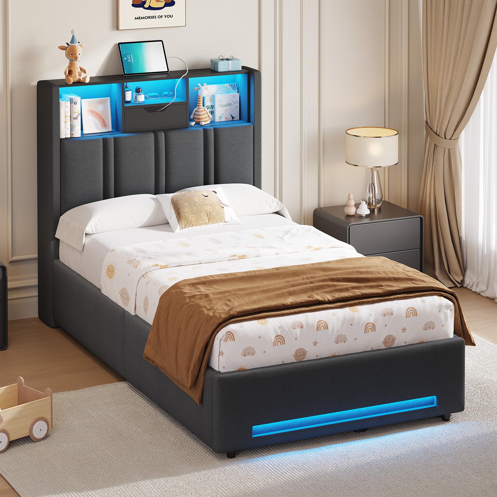 DICTAC Lit Coffre 90x200 Entièrement Rembourré 90x200 Gris avec Rangement – Sommier Relevable à Vérin, Tête de lit LED & Prises USB/Type-C – pour Enfant, Ado, Adulte