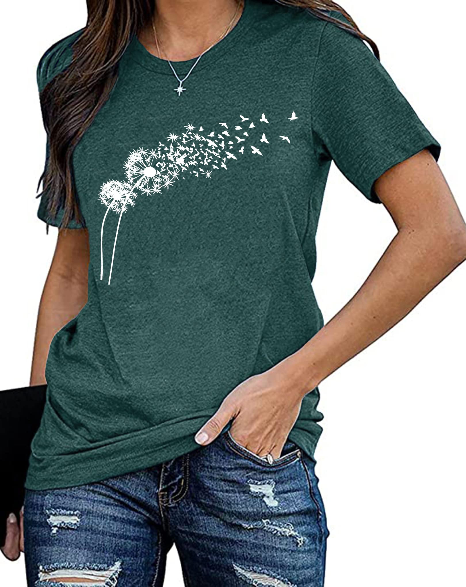 tiorhooe Damen Pusteblume T-Shirt Frauen Blume Muster Shirt Frau Nette Casual Kurzarm Tops