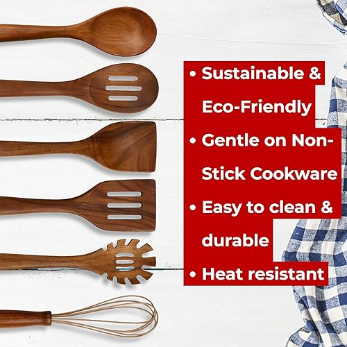 Miniatura 6 de Juego de utensilios de cocina de teca de alta calidad, herramientas de cocina naturales de 6 piezas con bolsa de lino, ecológico, antiarañazos,