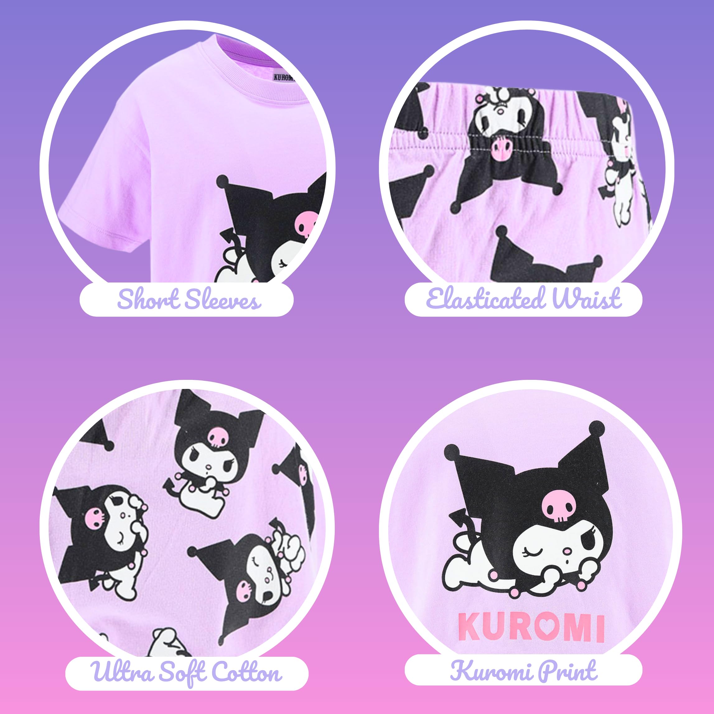 Hello Kitty Kuromi Camiseta y Pantalon para Niña, Pijama Conjunto 2 Piezas Camiseta Manga Corta y Pantalon Corto, Tallas 8 a 14 Años
