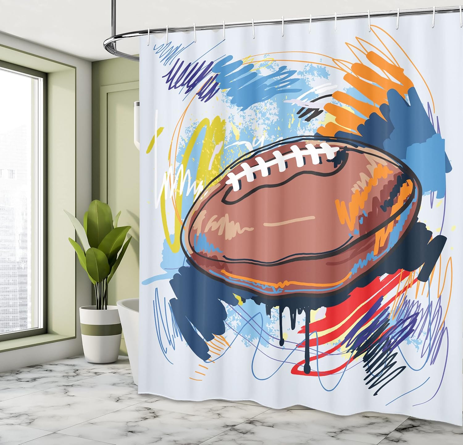Ambesonne Sports Shower Curtain, Diamond Shape Rugby Ball Sketch with Colorful Doodles Professional Equipment League, Cloth Fabric Bathroom Decor Set with Hooks, 69" W x 75" L, Multicolor Soft Blue