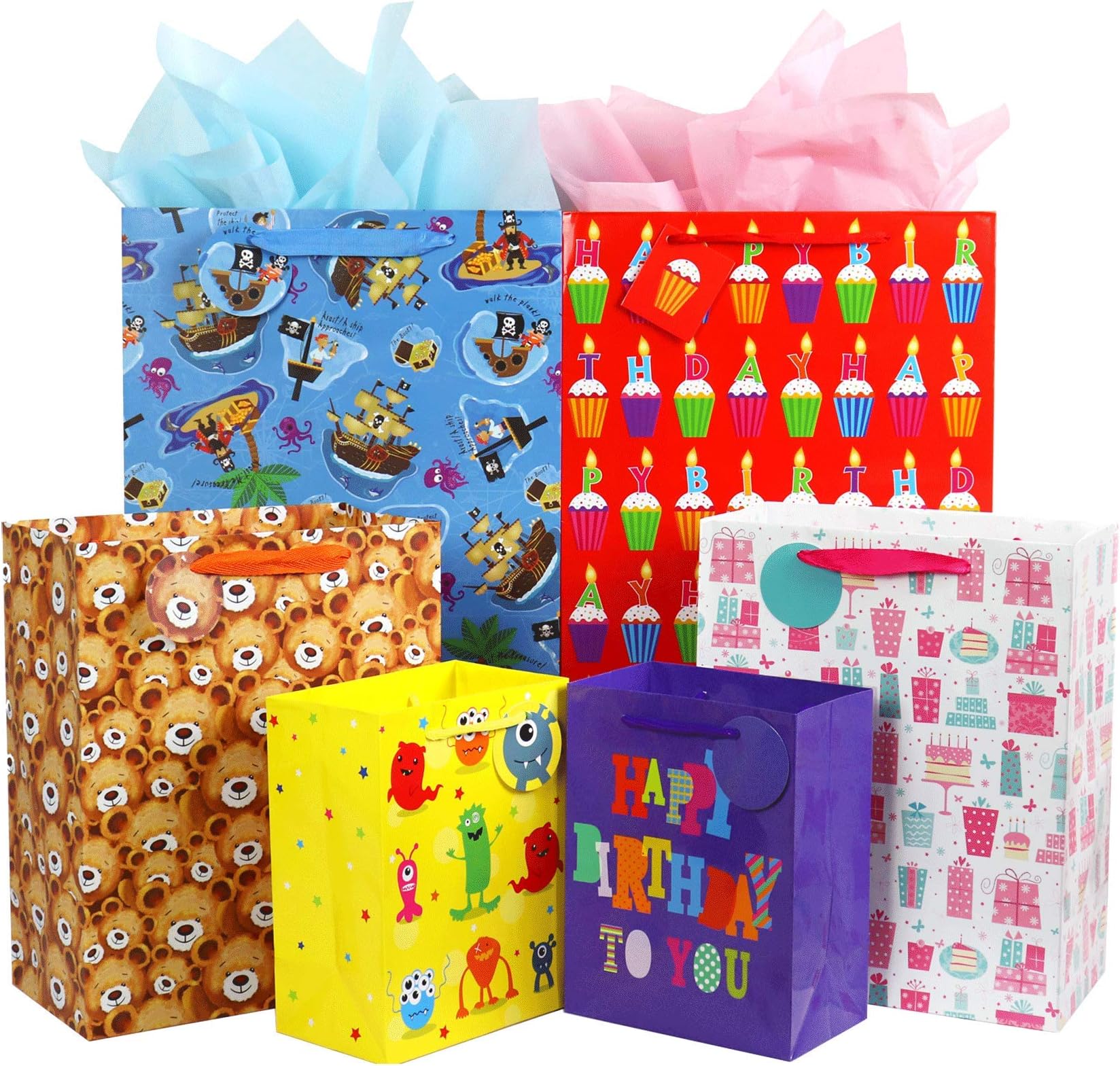 FZOPO Kids Birthday Gift Bag Assortment, Heavy Duty Paper Gift Bags, Red, Blue, Purple, Yellow, Brown, Pack of 12 Small, Medium, Extra Large Bags for Birthdays, Kid Party, Childrens Day
