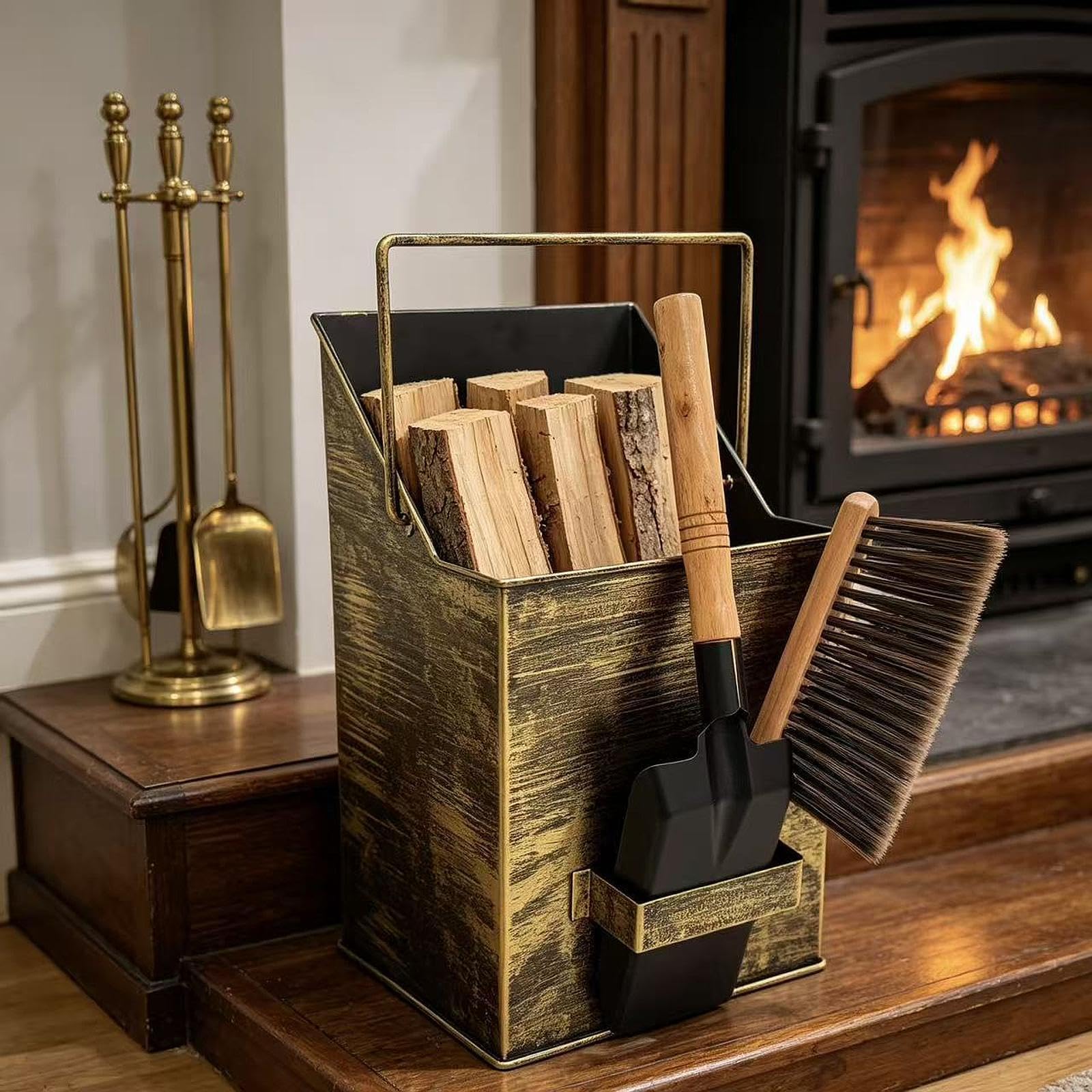 predolo Secchio per cenere da con manico, leggero, in metallo, per uso domestico, esterno, ideale per caminetto, cucina, o altri spazi esterni, Spazzola a Pala in Bronzo