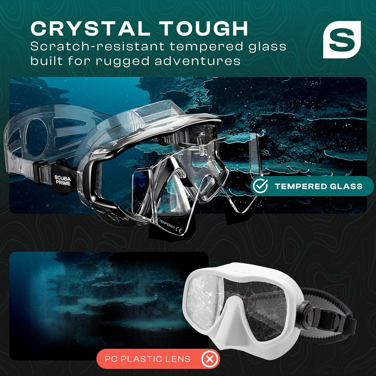 Pano 3 Scuba Diving Mask, Tempered Glass Snorkel Mask Three-Window Scuba Mask No-Leak Dive Mask Silicone Skirt Diving Mask for Snorkeling and Scuba Use