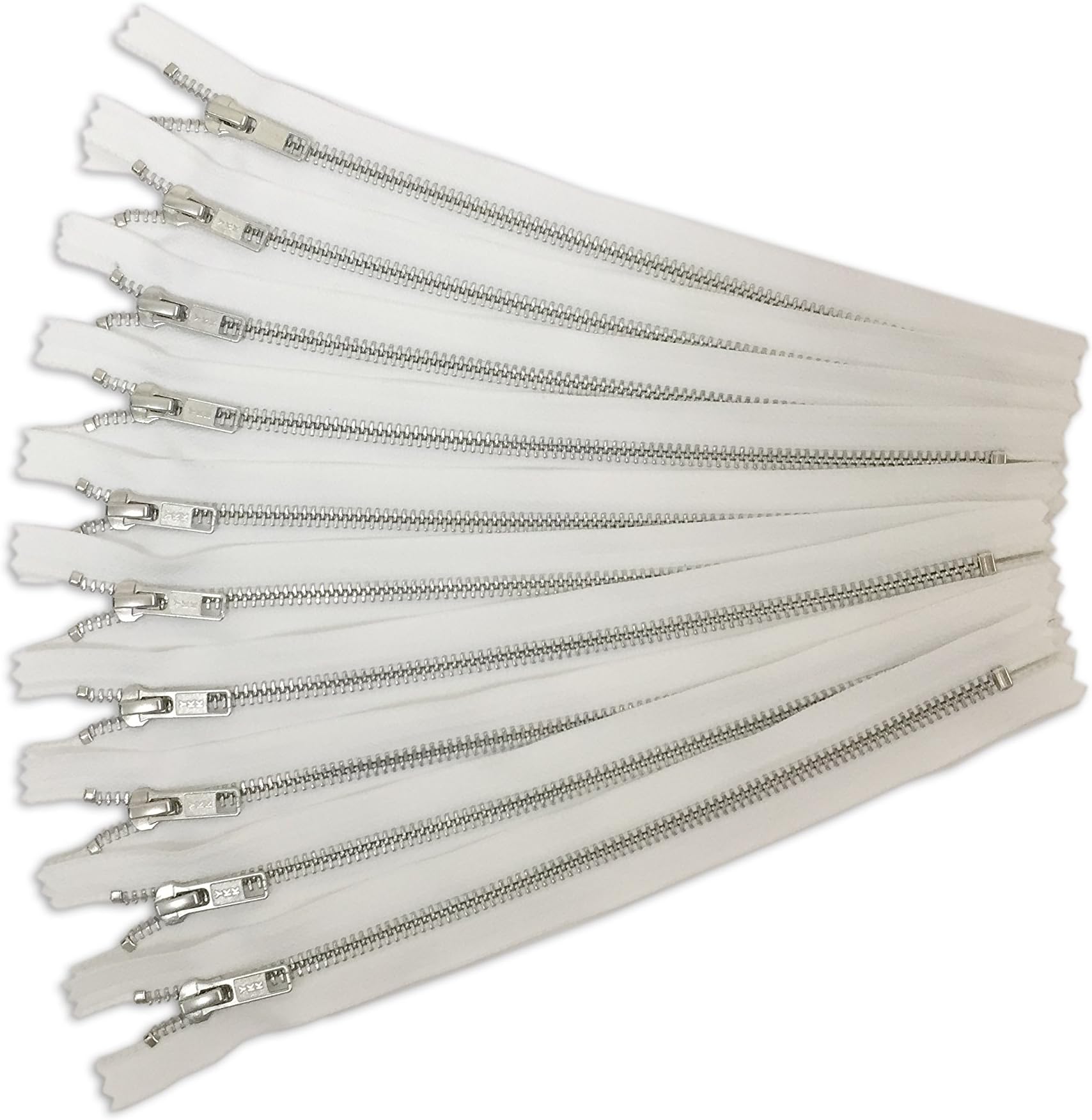 Silver Aluminum YKK Zippers No. 5 Metal 10 inch Zips in White Pack of 12