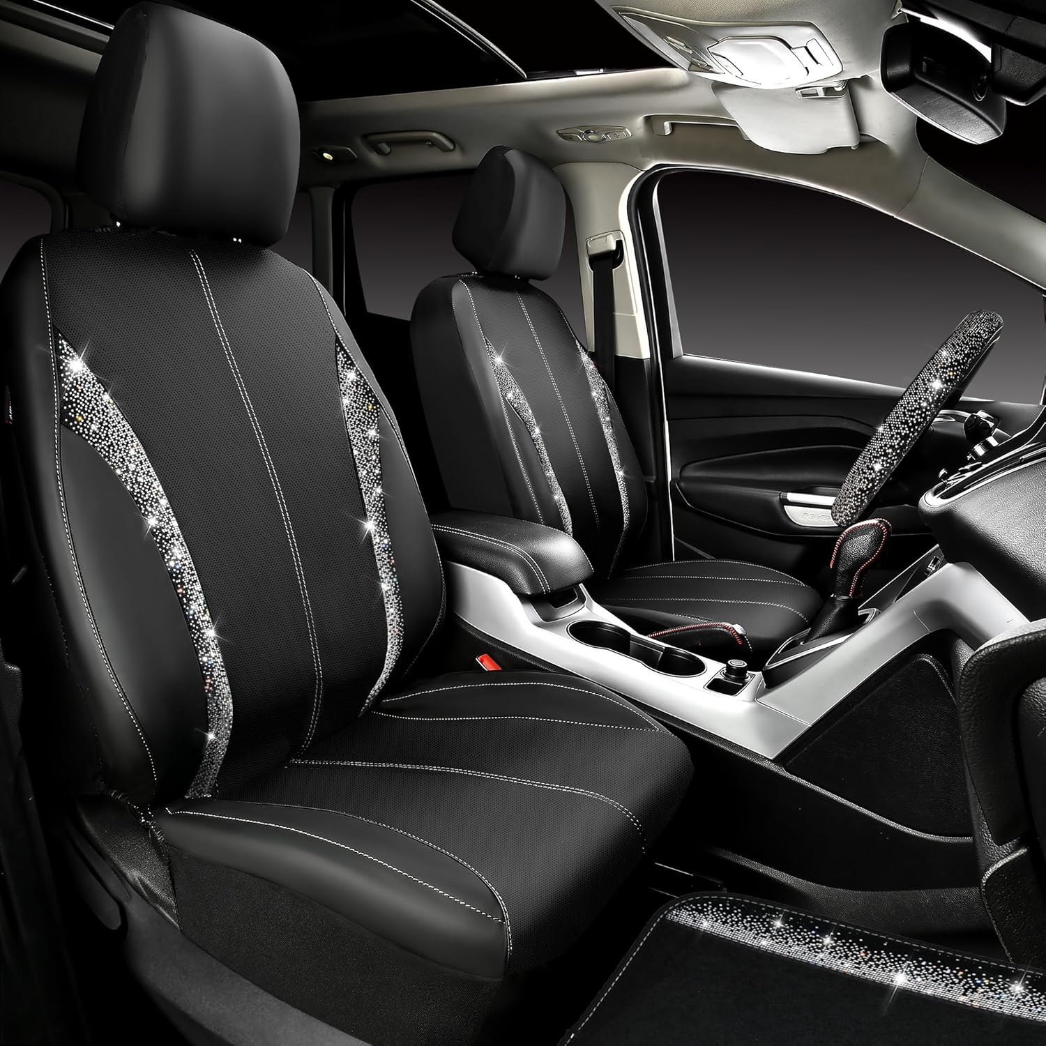 CAR PASS Leather Bling Diamond Car Seat Covers Front & Waterproof Rhinestone Car Floor Mats 4pcs & Sparkly Steering Wheel Cover 15' Universal Shining Interior Sets for 95% SUV Cute Women Black Silver - Image 2