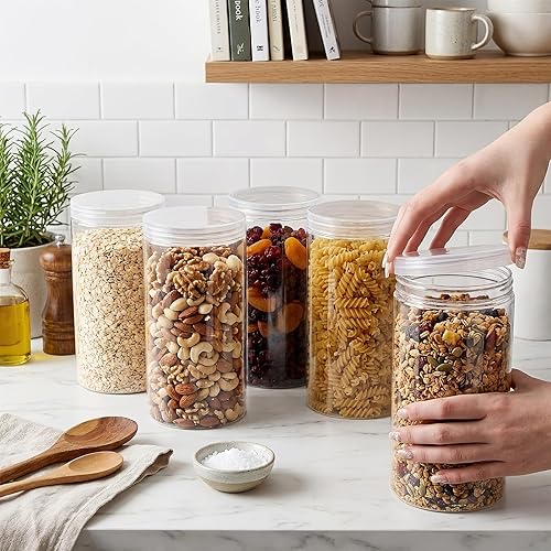 Miniatura 7 de Paquete de 8 tarros de plástico transparente con tapa, tarros redondos de almacenamiento de dulces de 46 onzas, frascos grandes vacíos, cilindros