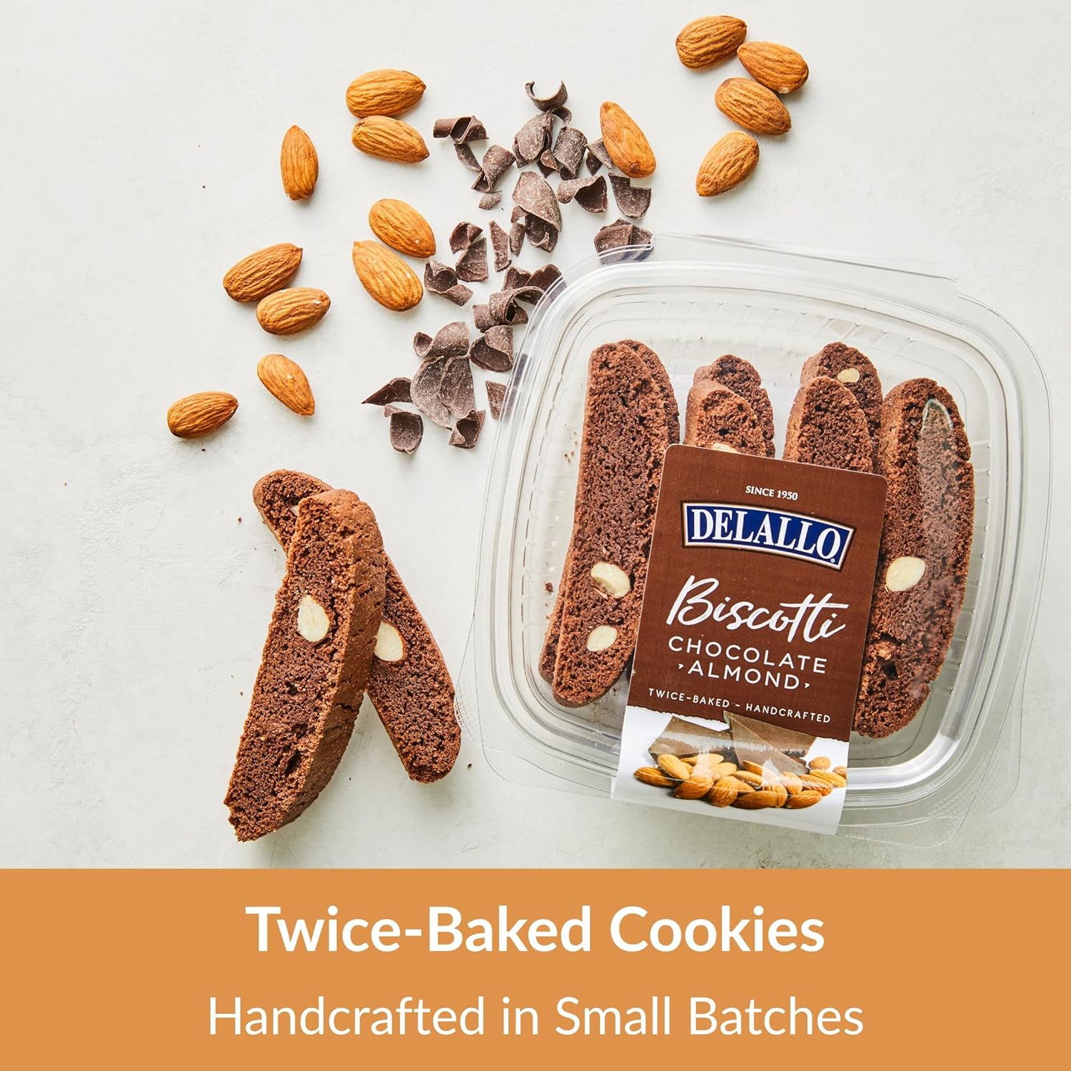 DeLallo Chocolate Almond Biscotti Cookies, Twice-Baked Authentic Italian Recipe, All Natural Tuscany Biscuits with Rich Cocoa and Sweet Almonds, Non-GMO 7 oz Box, (4 Pack)