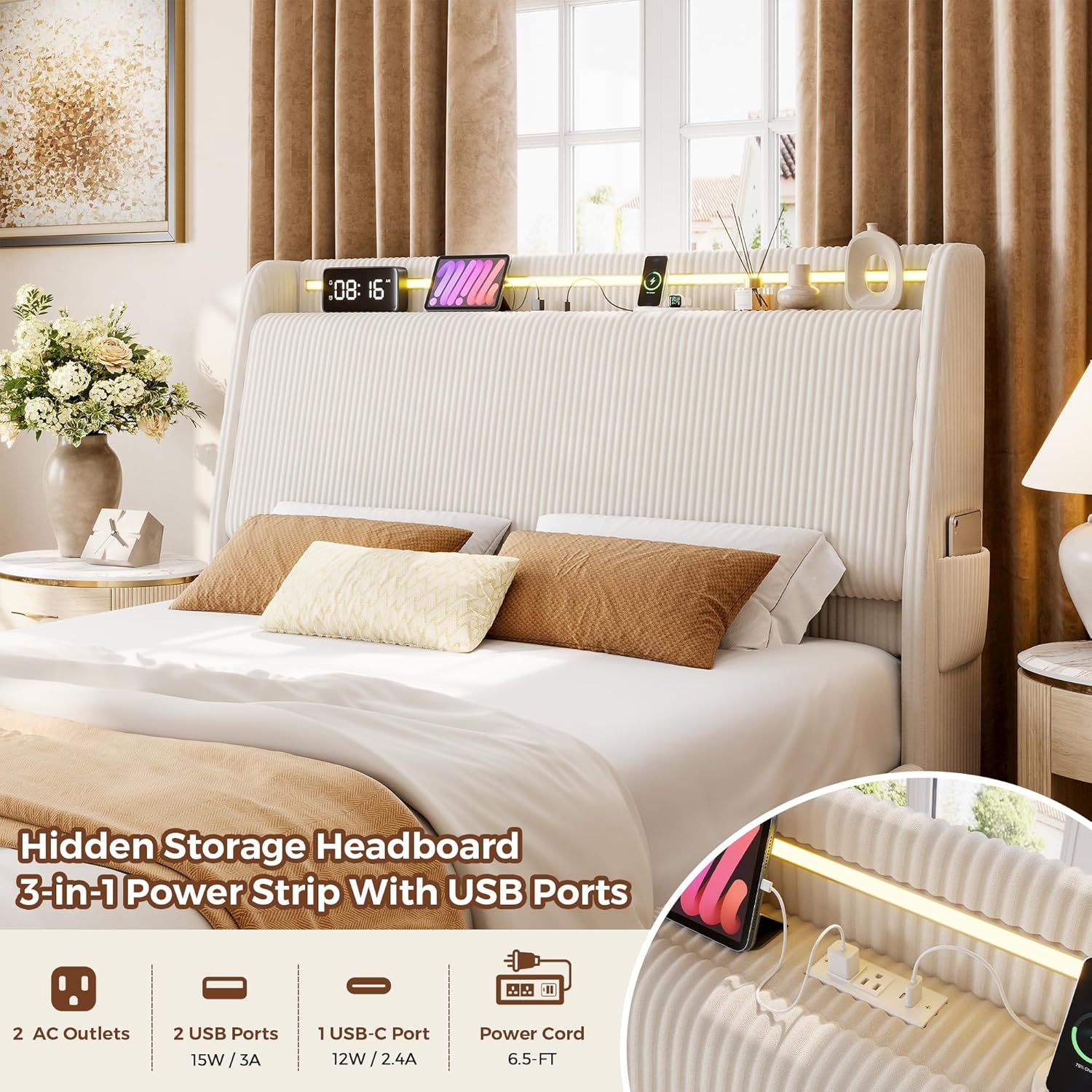 Image showing the hidden storage headboard with a 3-in-1 power strip, including two AC outlets, one USB-A port, and one USB-C port, with devices charging.