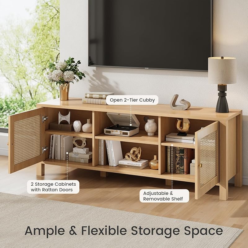 Sikaic Rattan TV Stand with Adjustable Shelf and Open Shelves, Natural Oak image 3