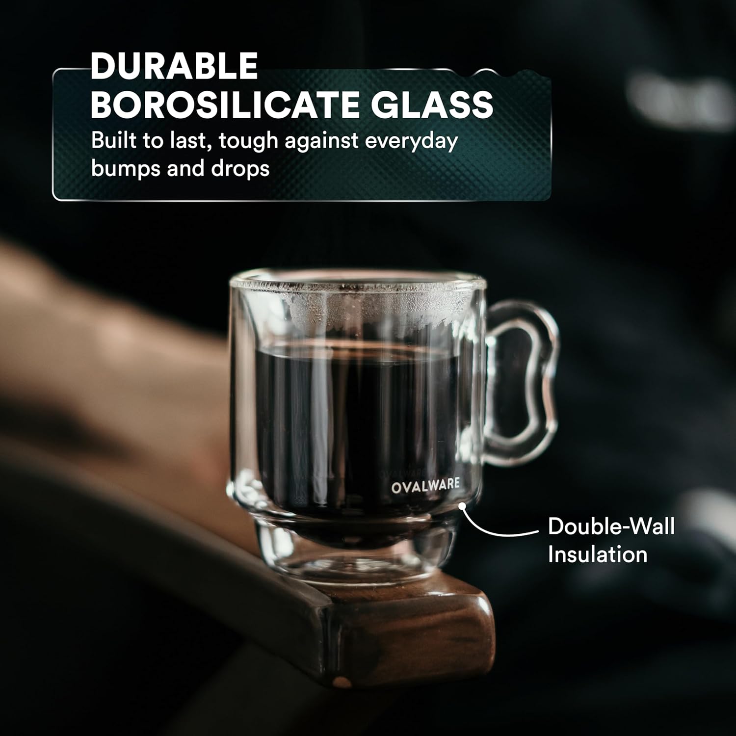 ovalware RJ3 Espresso Coffee Cups 4oz/120ml (Set of 2) Double-Walled Cup w/Solid Butterfly Handle - Elegant Borosilicate Espresso Shot Mug - Stackable Insulated Transparent Demitasse