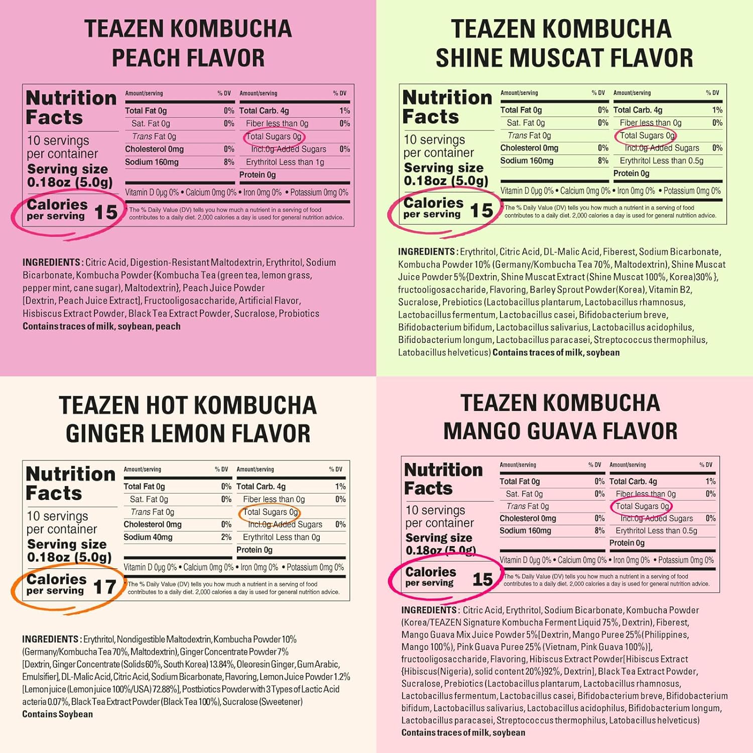 TEAZEN 5 Flavors 50 Sticks Variety Pack, Kombucha Lemon, Peach, Berry, Pineapple Flavor (40 Counts) & Grapefruit Powdered Drink Mix (10 Counts)