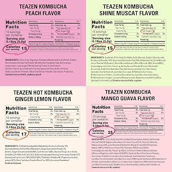 TEAZEN 5 Flavors 50 Sticks Variety Pack, Kombucha Lemon, Peach, Berry, Pineapple Flavor (40 Counts) & Grapefruit Powdered Drink Mix (10 Counts)