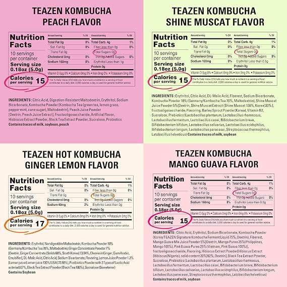 TEAZEN 5 Flavors 50 Sticks Variety Pack, Kombucha Lemon, Peach, Berry, Pineapple Flavor (40 Counts) & Grapefruit Powdered Drink Mix (10 Counts)
