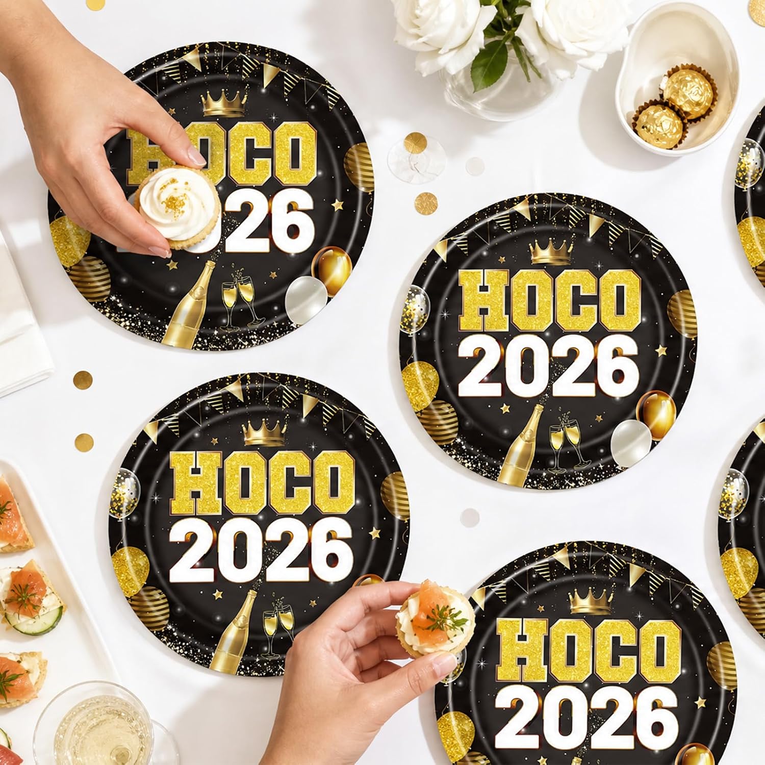 Homecoming Party Decorations 2026, 50PCS Black Gold Hoco Disposable Paper Plates Decorations, Homecoming High School Dance Party Decor Supplies image 4