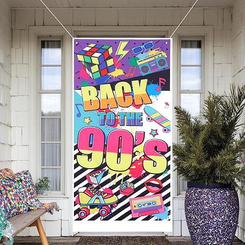 Miniatura 8 de Cartel de puerta con temática de los años 90 para decoraciones de fiestas de los 90, telón de fondo retro de los años 90 para sesión de fotos,