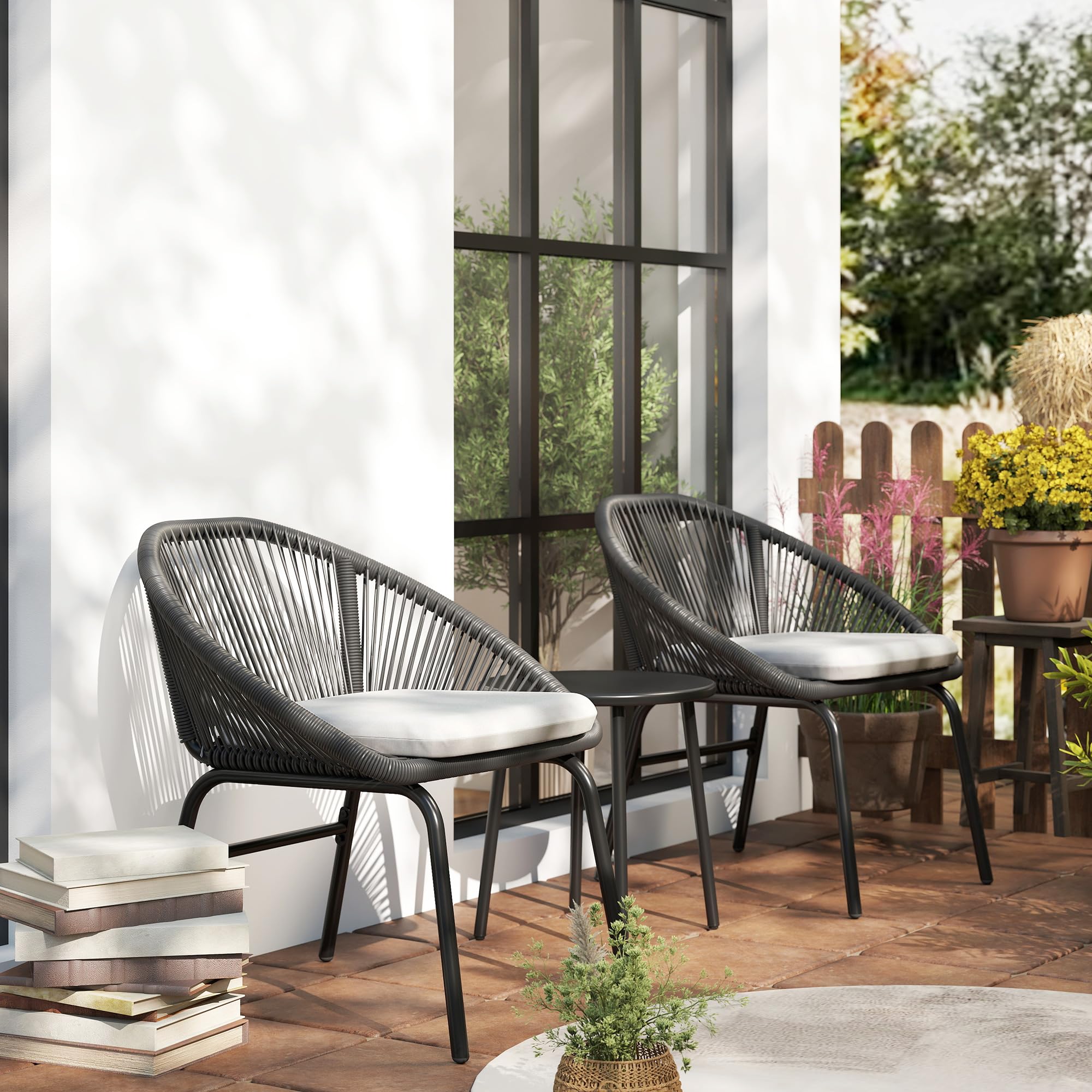 Outsunny Set da Giardino 3 Pezzi Tavolo e Sedie da Balcone Nero | Salotto da Giardino, 2 Sedie con Cuscino, Tavolino Acciaio Rattan PE, Terrazza