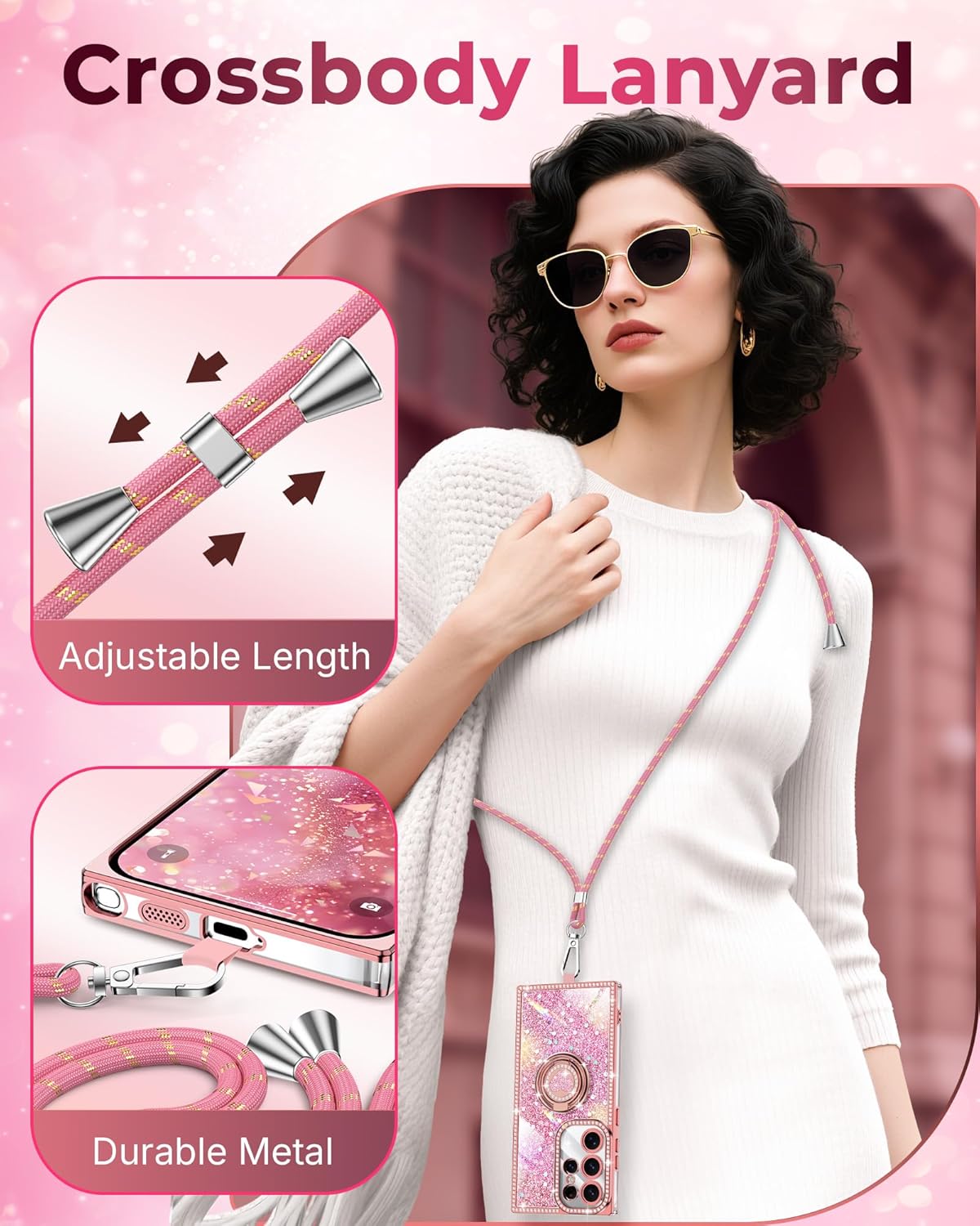 XYZ for Galaxy S25 Ultra Case, Glitter Bling Phone Cover with 2-Ring Heart Stand & Lanyard, Women Girls Luxury Rhinestone Shockproof Protective Case para Samsung S25 Ultra, Pink - Image 3