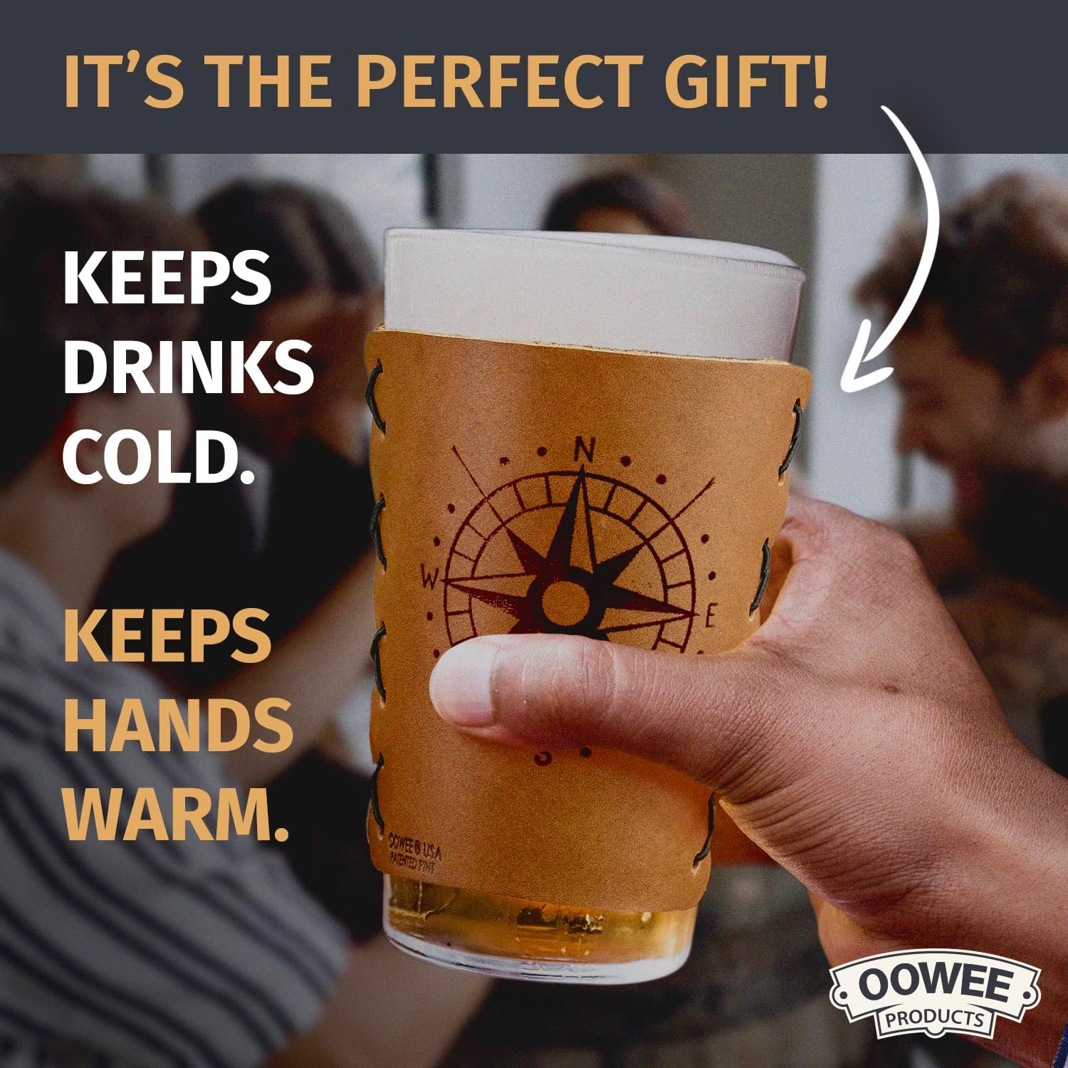 Oowee Genuine Leather Sleeve + Pint Glass | Fits 16oz Pint Glasses & Beer Glass | Great Beer Holder & Glass Holder | Made in the USA - Compass