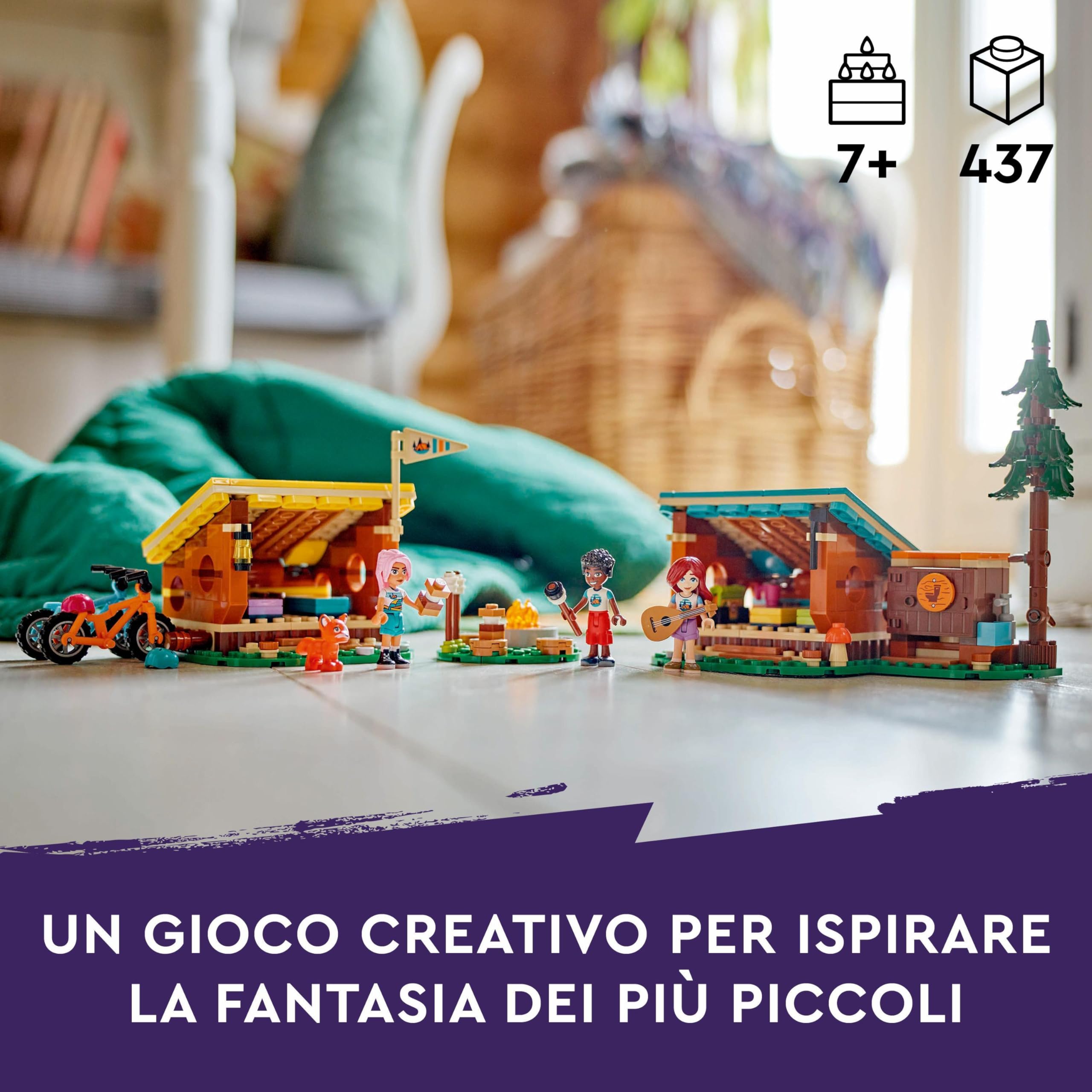 LEGO Friends Cabine Relax al Campo Avventure, Giochi Educativi per Bambine e Bambini da 7 Anni, Campeggio Giocattolo da Costruire con 3 Personaggi, 2 Mountain Bike e una Volpe, Idee Regalo 42624