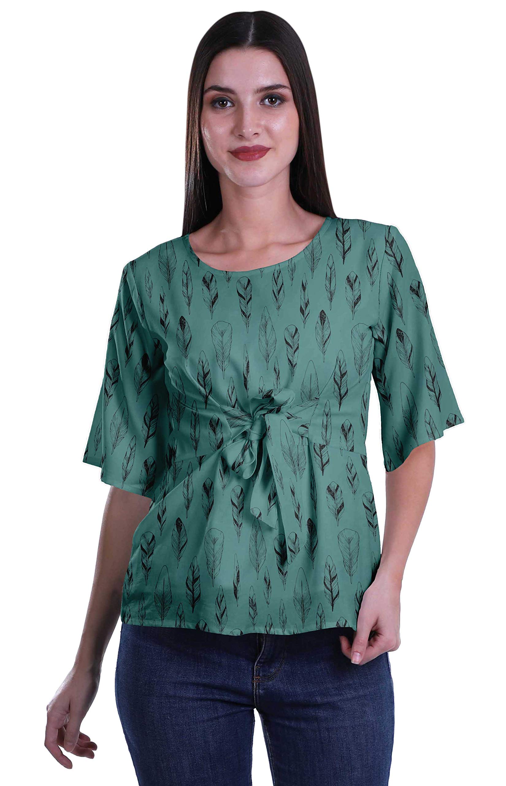 Moomaya Printed Round Neck Top For Women Elbow Sleeve Blouse Tunic Formal Wear