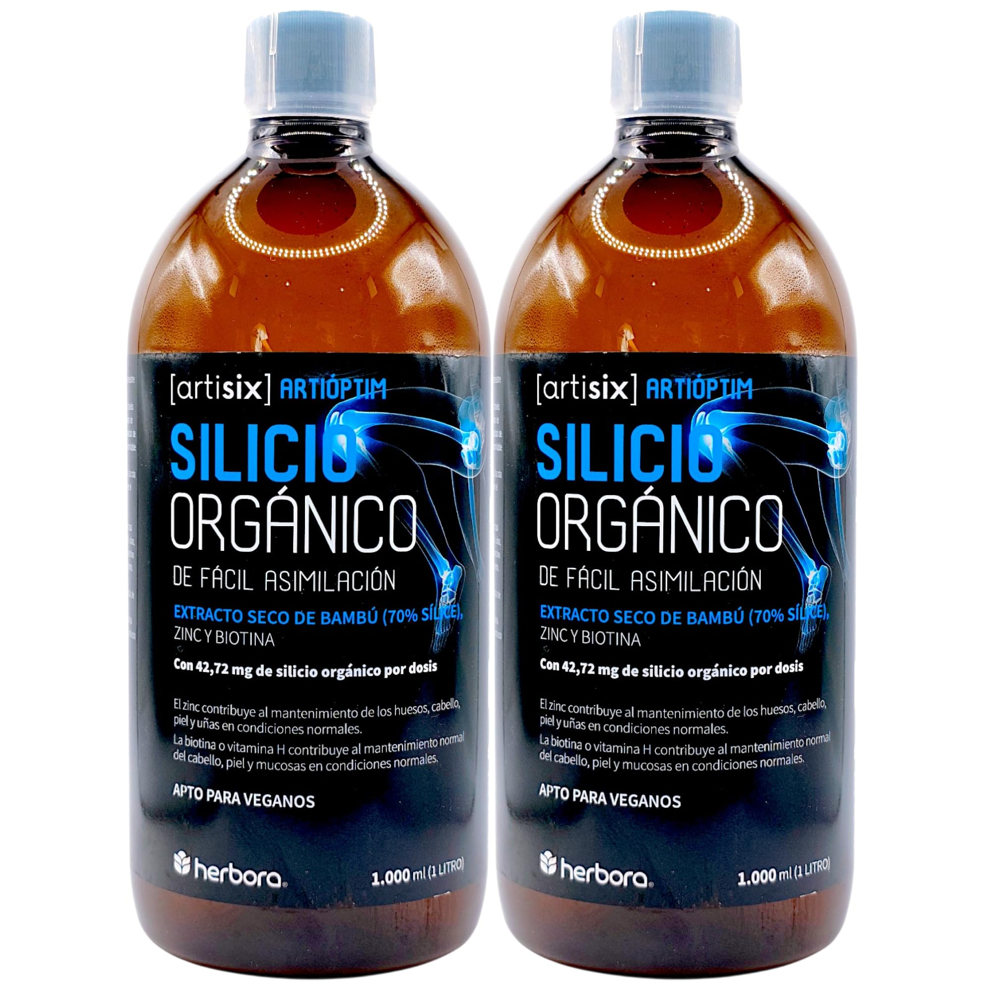 Herbora Silicio Orgánico - Pack Ahorro 2 x 1 Litro - Extracto de Bambú de Alta Asimilación con Zinc y Biotina - Refuerzo para Articulaciones, Huesos, Cabello, Piel y Uñas - Suplemento Líquido