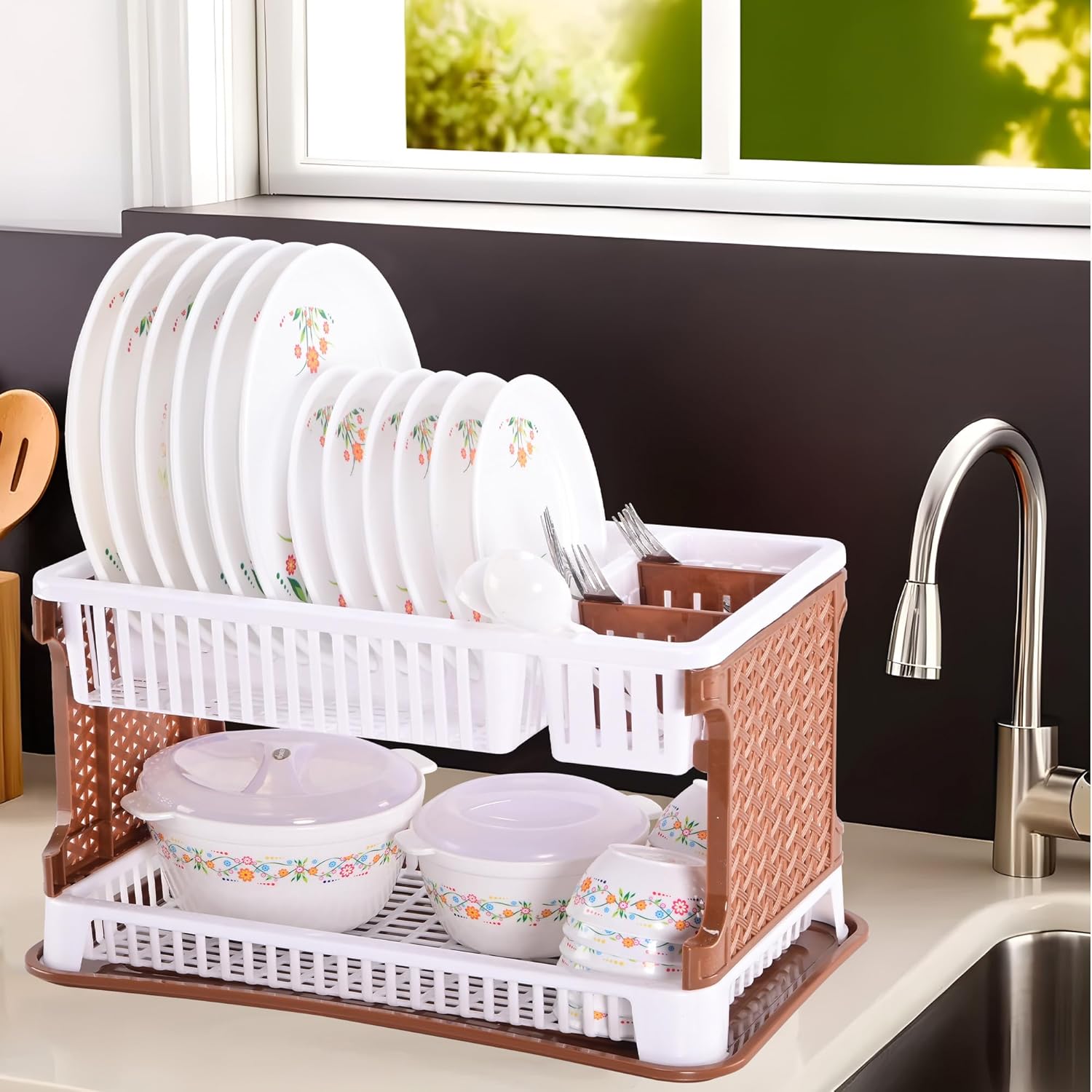 Kuber Industries Plastic 2 Tier Dish Drainer Rack for Kitchen | Kitchen Vessels Storage Rack | Bartan Stand | Drainer Drying Rack Washing Basket with Tray | Kitchen Utensils Organizer | Brown & White Kuber Industries Plastic 2 Tier Dish Drainer Rack for Kitchen | Kitchen Vessels Storage Rack | Bartan Stand | Drainer Drying Rack Washing Basket with Tray | Kitchen Utensils Organizer | Brown & White