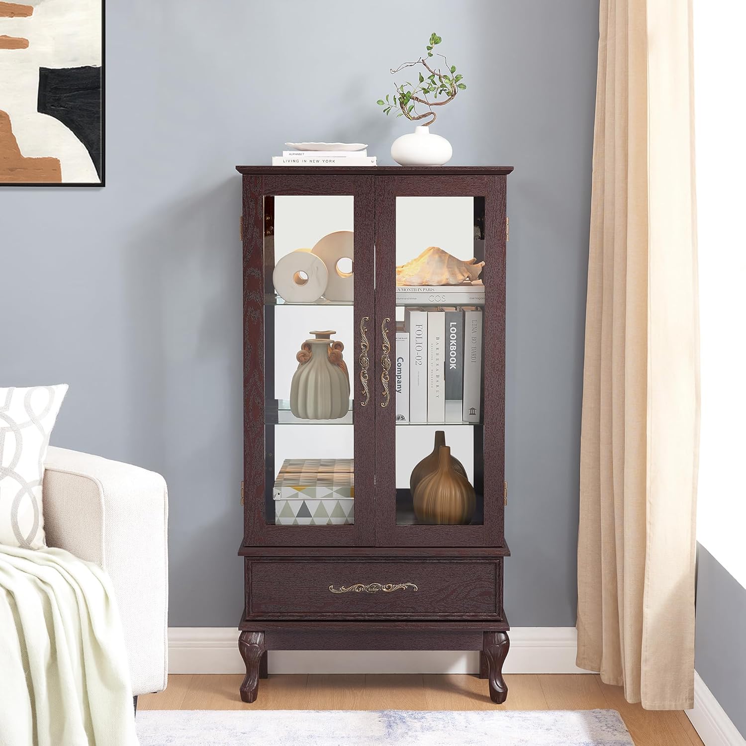 Glass Display Cabinet with Doors and Drawer, Lighted Curio Display Cabinet with Adjustable Glass Shelves and Mirrored Back Panel, Retro Floor Standing Storage Cabinets for Living Room, Dark Cherry