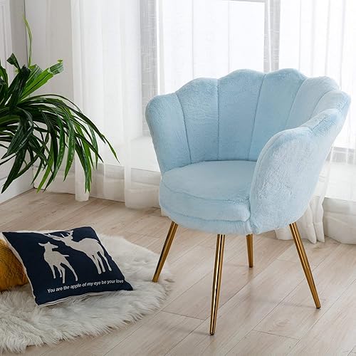 Miniatura 4 de Wahson Silla tapizada de piel sintética de felpa, cómoda silla de tocador de microfibra moderna de mediados de siglo con patas doradas, silla de