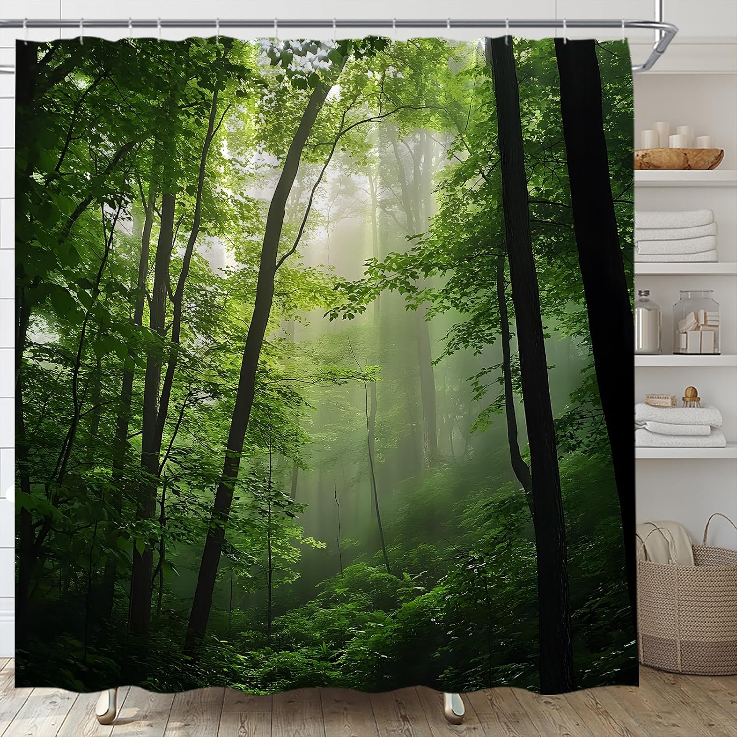 Nature Forest Shower Curtain Misty Forest Jungle Tree Foggy Magic Rustic Landscape Fabric Bathroom Decor Set with Hooks,(84" Wx70 H)