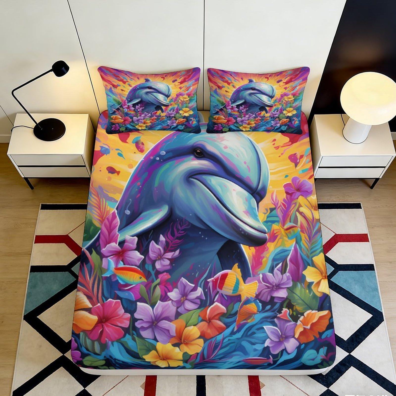 3D Printed Dolphin Ocean Fitted Sheet Microfiber Soft Floral Mattress Cover for Bedroom Guest Room Decor 90x200x25cm