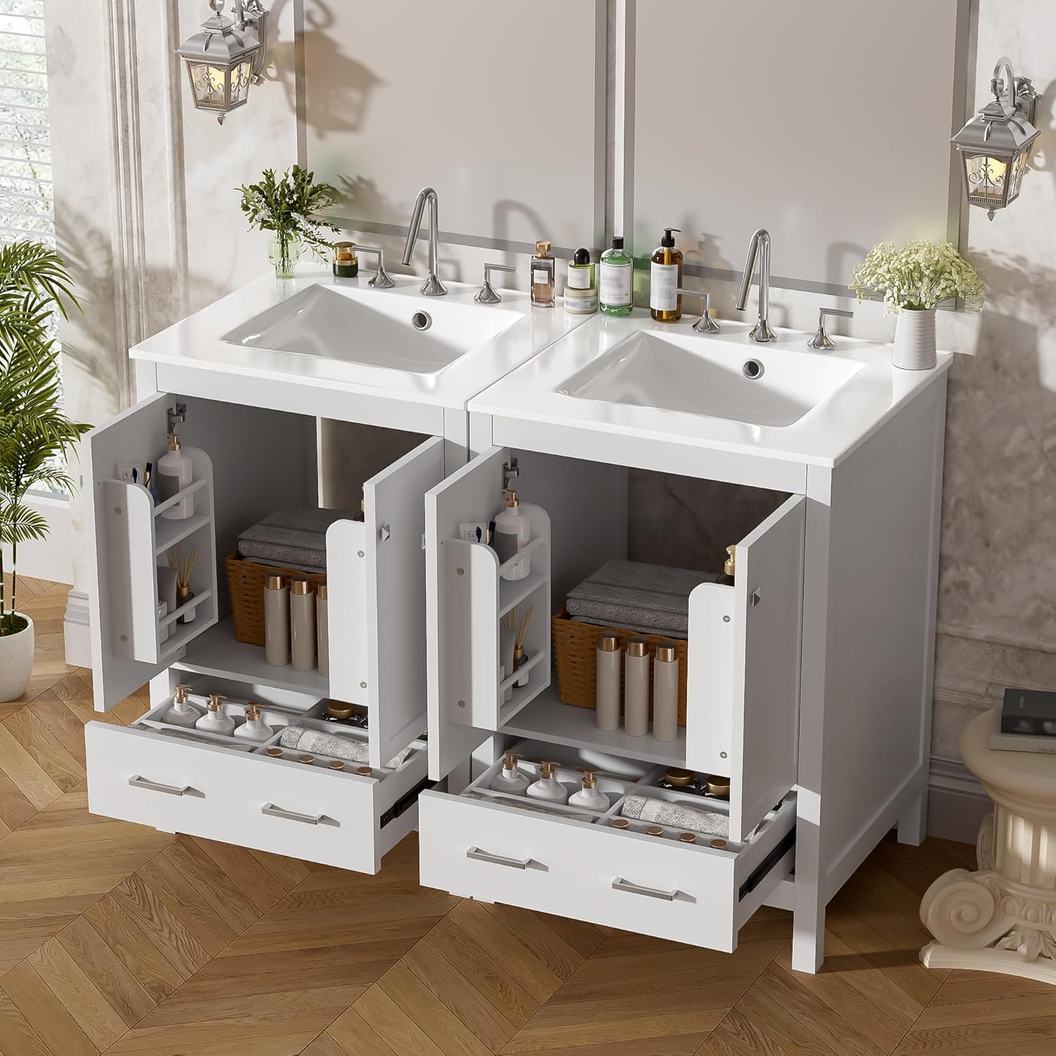 48" White Bathroom Vanity with Double Sink, 48 Inch Bathroom Vanity Set with Double Vanities (Separate), 2 Bathroom Vanities with Sink, Storage Shelf, and Divided Drawers (Mirror not included)