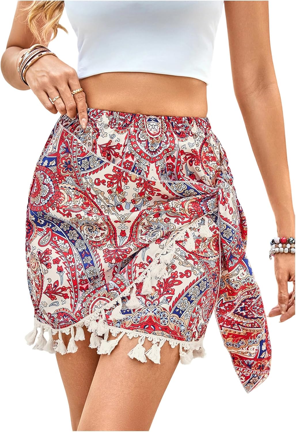 MakeMeChic Women's Paisley Print Mini Skirt Tassel Hem Wrap Tie Side Summer Boho Skirts
