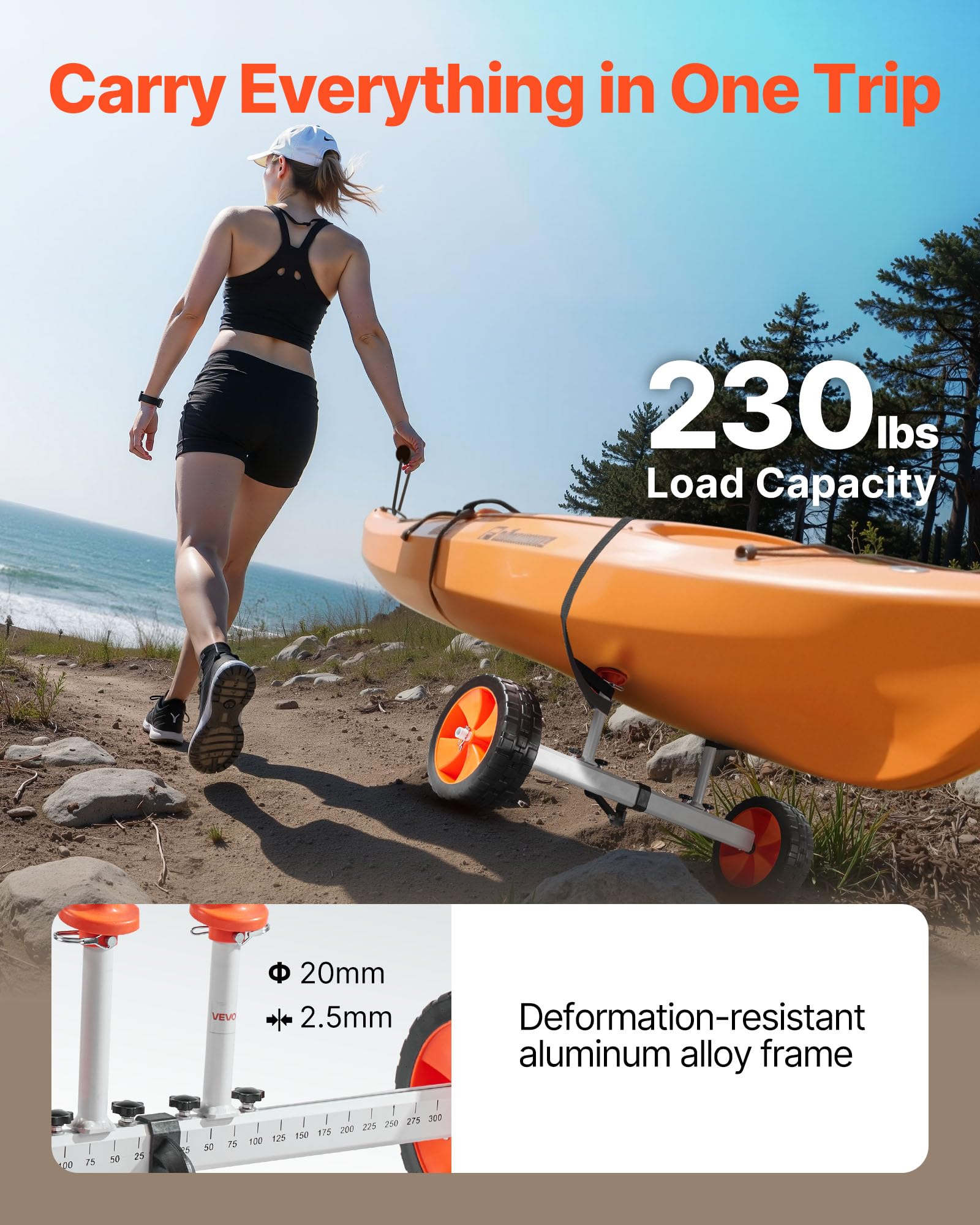 VEVOR Remolque Vertical para Kayak, Remolque de Kayak 900 x 580 x 575 mm con Neumáticos de PU de 25,4 cm y Correa de Amarre, Carga de 104 kg, Carrito para Tabla de Surf de Remo, Kayaks, Canoas