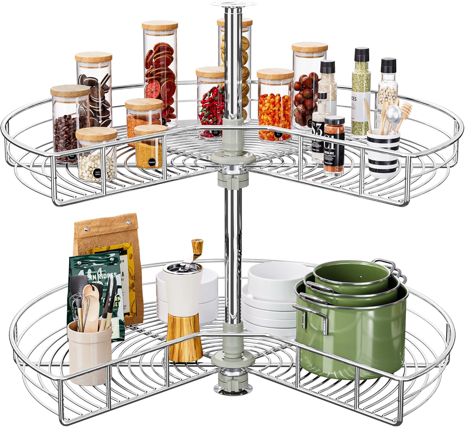 DWVO 31-Inch 2-Tier Lazy Susan Turnable for Cabinet, Rotating 2-Shelf Lazy Susan Corner Organizer with Adjustable Height for Kitchen Pantry, Chrome-Plated Double Spinning Corner Organizer, Silver