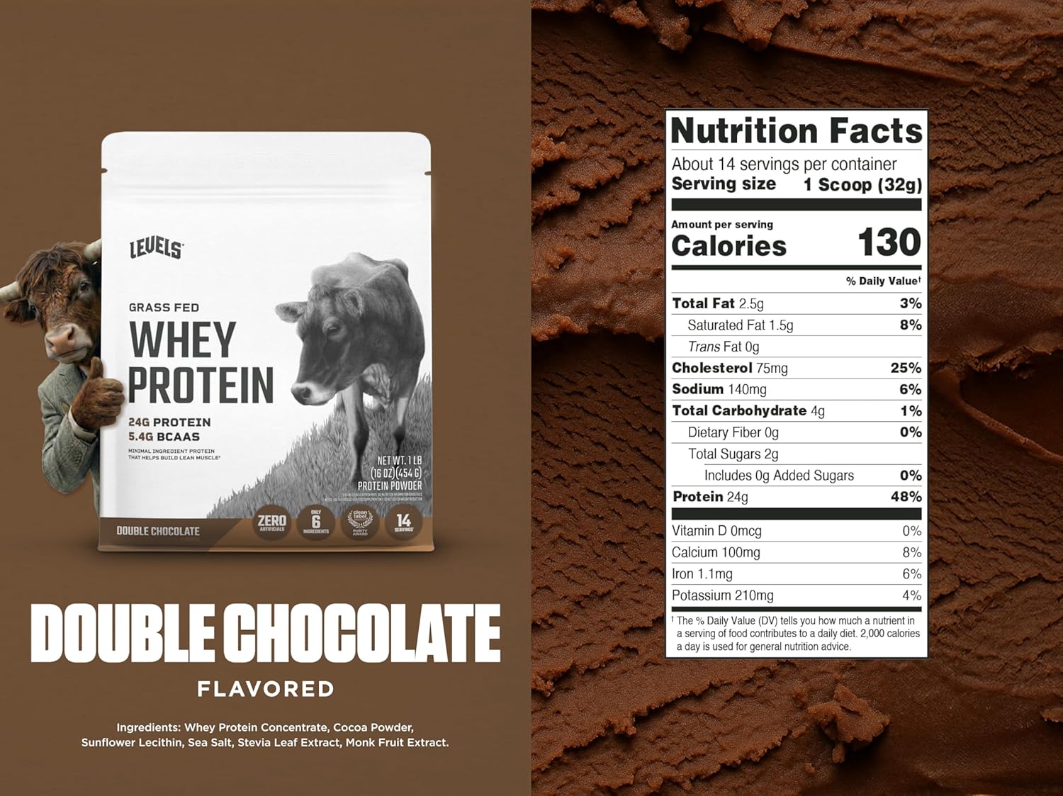 Levels Grass Fed Whey Protein Powder, No Artificials, 24G of Protein, Double Chocolate, 1LB