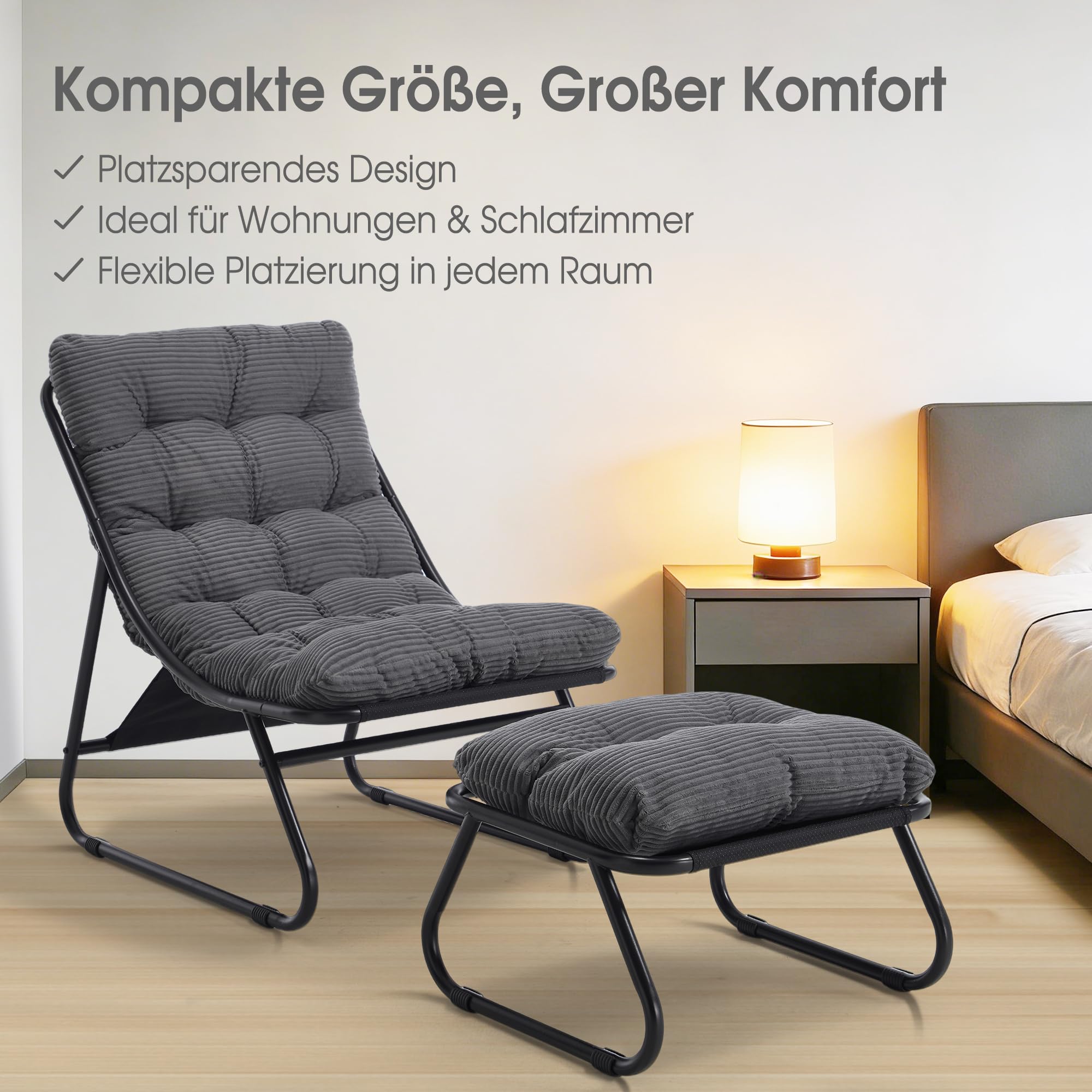 Ohrensessel mit Hocker, Bequemer Lesestuhl, Ergonomischer Lounge-Stuhl für Wohnzimmer, Schlafzimmer oder Büro auch für Terrasse, Balkon, Garten, Indoor & Outdoor, Marineblau, Dunkelgrau