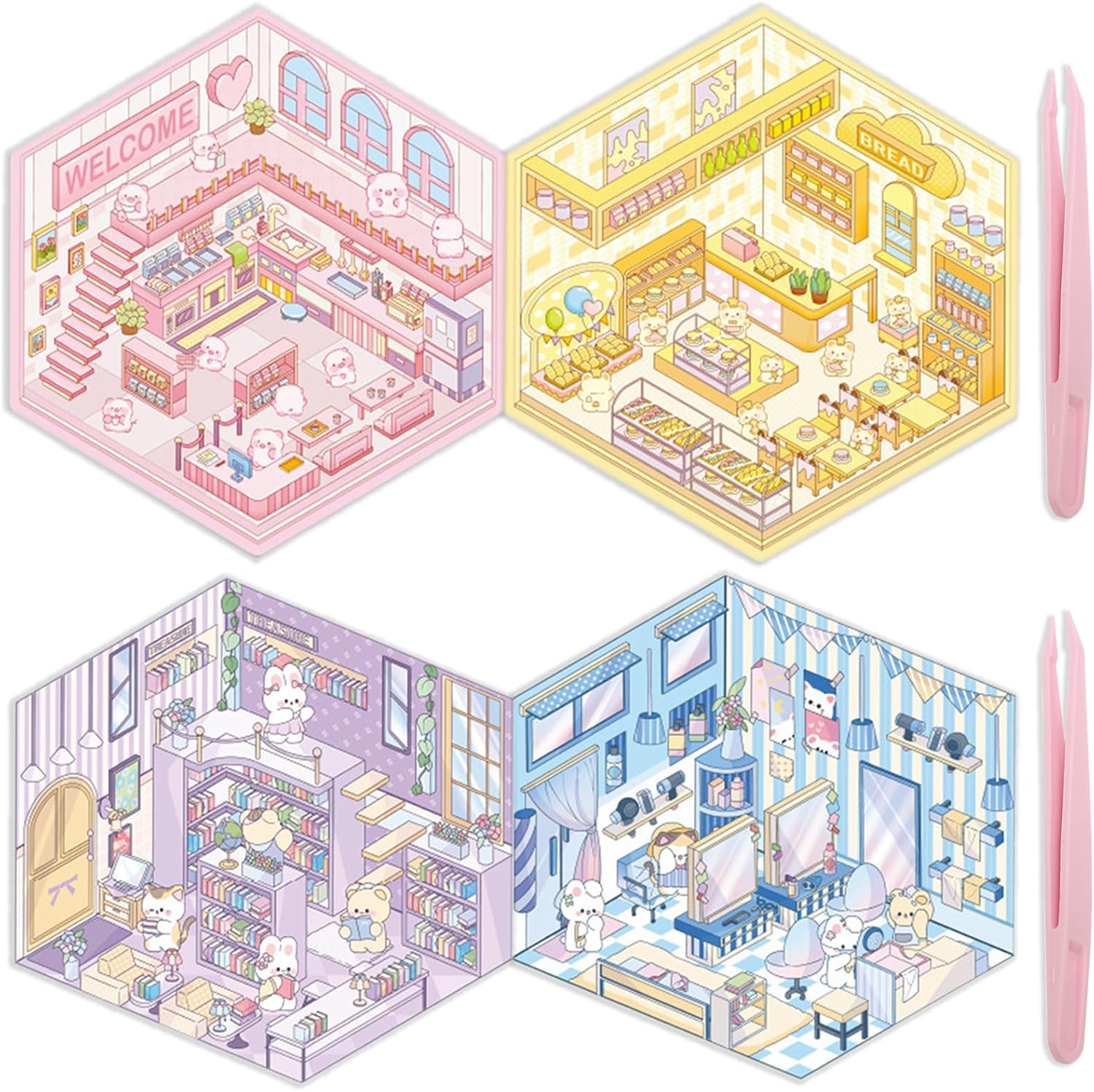 DIY 3D House Stickers,4 Set Fun Stickers Scene 3D Miniature Cute Cartoon Stickers,Supermarket hut,Clothing Store,Flower Shop hut, Fresh Fruit hut,2 Tweezers,for Adult Kids Relief Stress Pass The Time